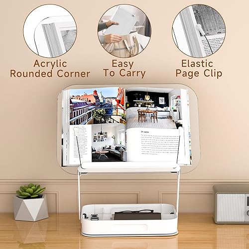 Miniatura 7 de ASIEIT Soporte de libro para lectura con almacenamiento, soporte de libro ajustable de acrílico con bases giratorias de 360 y clips elásticos para