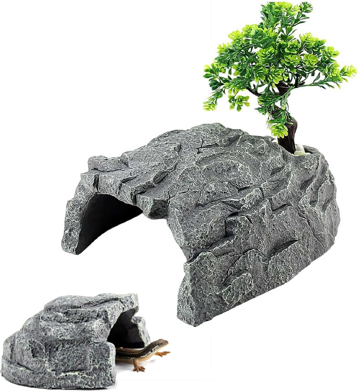 Climbing Pet Shelter – Realistic Resin Rock Terrace with Dual-Entry Shelter, Climbing Ramp & Sunbathing Dock for Tortoises, Lizards, Frogs & Aquarium Fish Tank Decor (XL+Tree)
