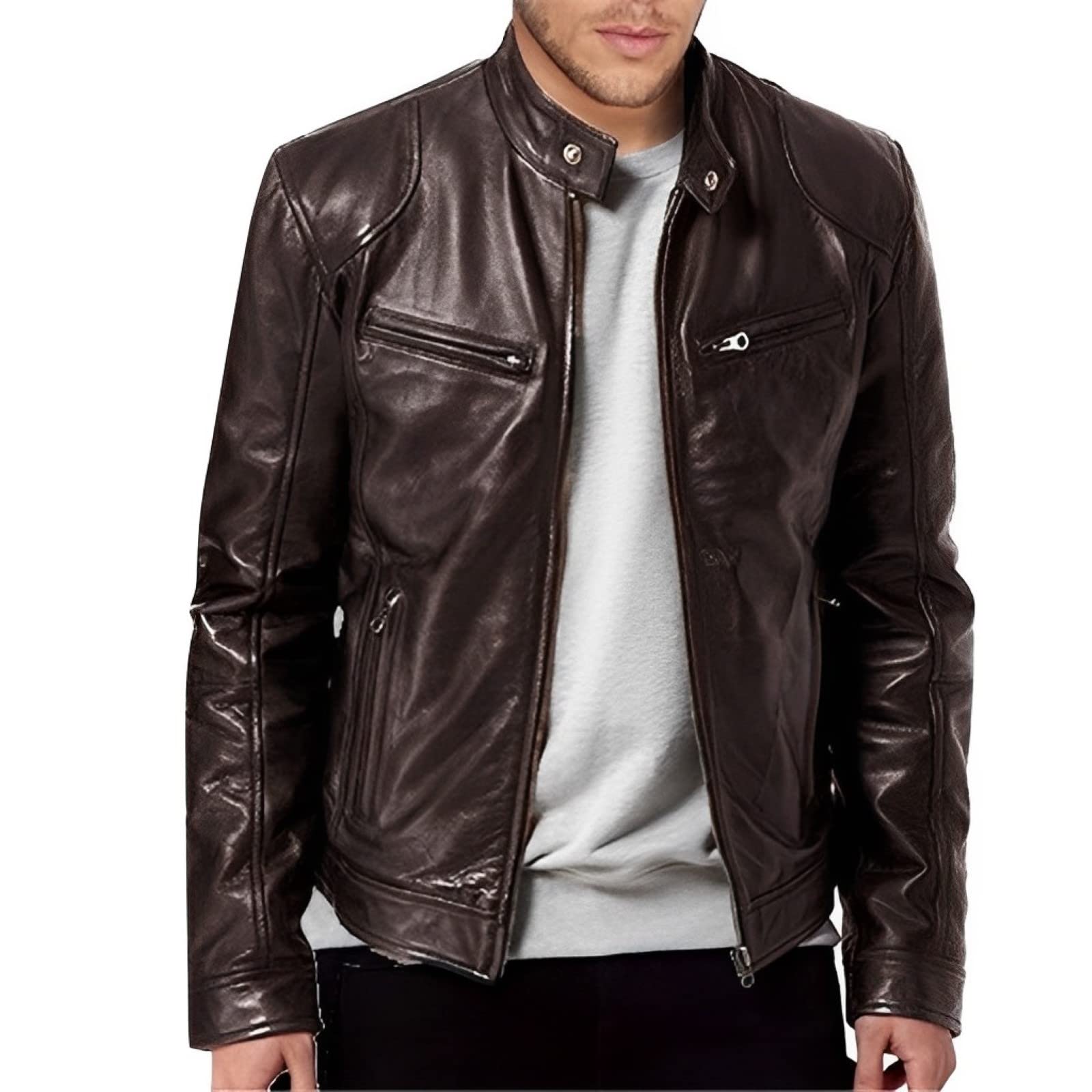 Generisch Laufjacke Herren Atmungsaktiv Reißverschluss Kunstleder Bikerjacke Langarm Jacke Laufsport Herren (Brown, XXXL)