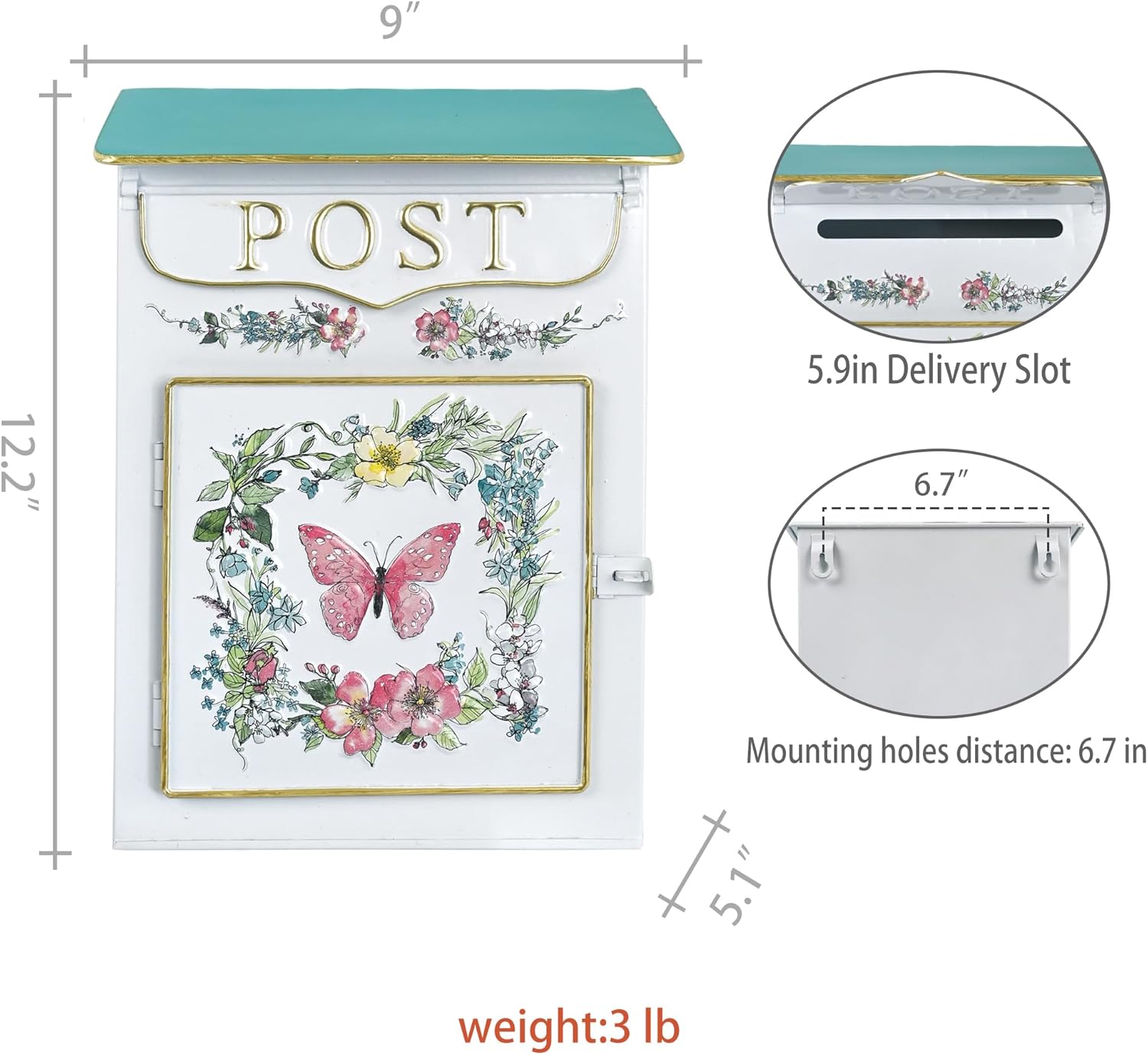 Mailbox Wall Mount Mailboxes for Outside Vintage Mail Boxes for House Outside Metal Drop Box Antique Style Nostalgic Charm Home Decorative, Butterfly Pattern, White