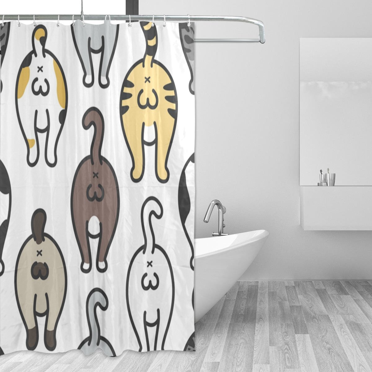 Cromcu Katzen-Duschvorhang, Bunt, 183x183 Cm – Wasserdicht, Polyester, Mit 12 Haken, Maschinenwaschbar