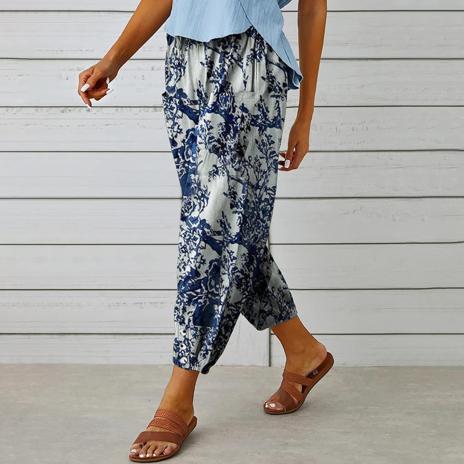 Women's Capri Pants High Waist Drawstring Cinch Bottom with Button Cotton Loose Casual Trouser with Pockets