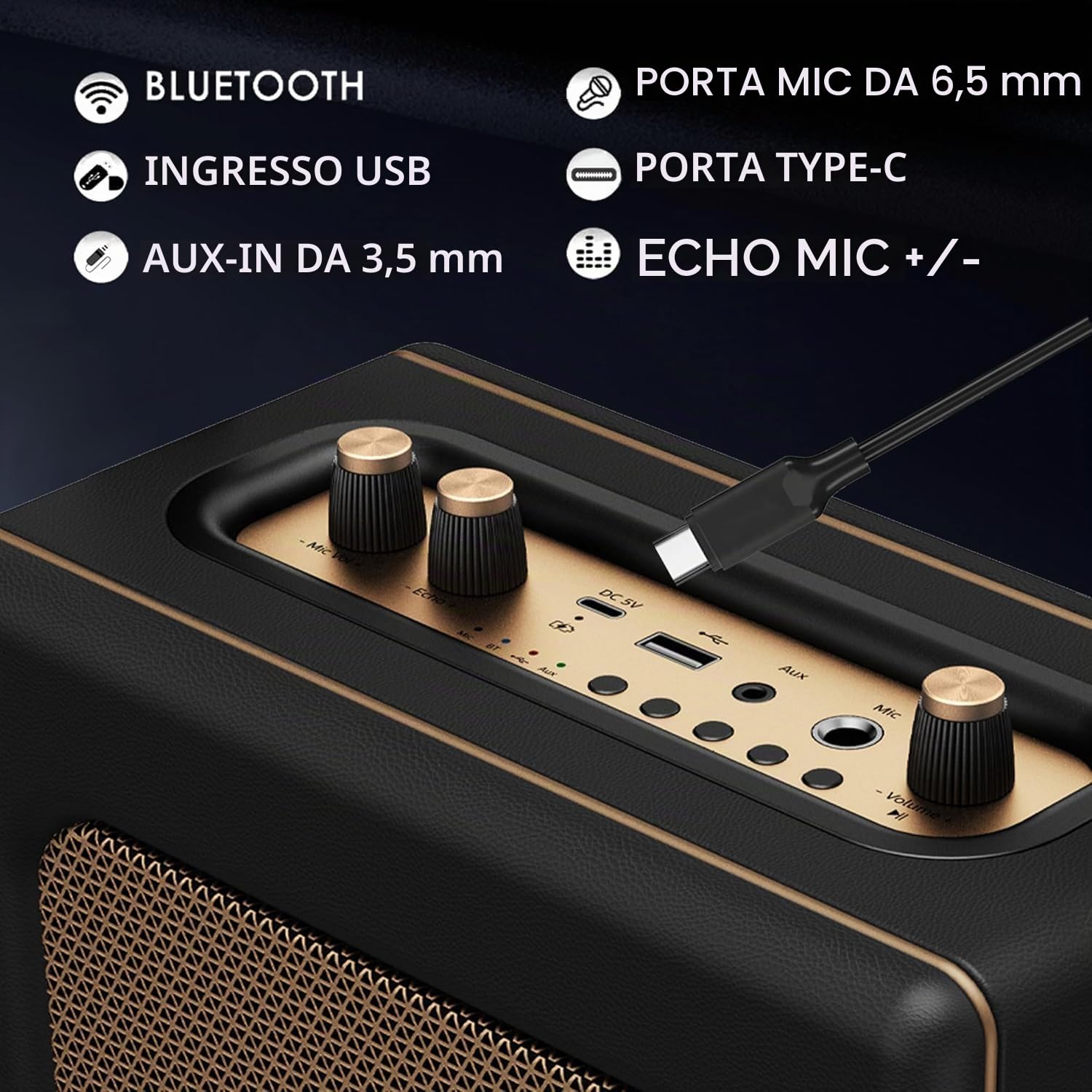 LONPOO Stereo Altoparlante Bluetooth retrò effetto pelle con batteria, altoparlante portatile da 20 W con riproduzione USB, Aux-IN, connettore microfono da 6,5 mm, ricarica di tipo C, nero