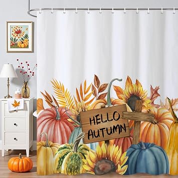 Fall Pumpkin Shower Curtain, Hello Autumn Watercolor Sunflower Pumpkins Leaves Harvest Thanksgiving Farmhouse Bathroom Curtains Waterproof Fabric Bathtub Curtain with Hooks 72" Wx72L
