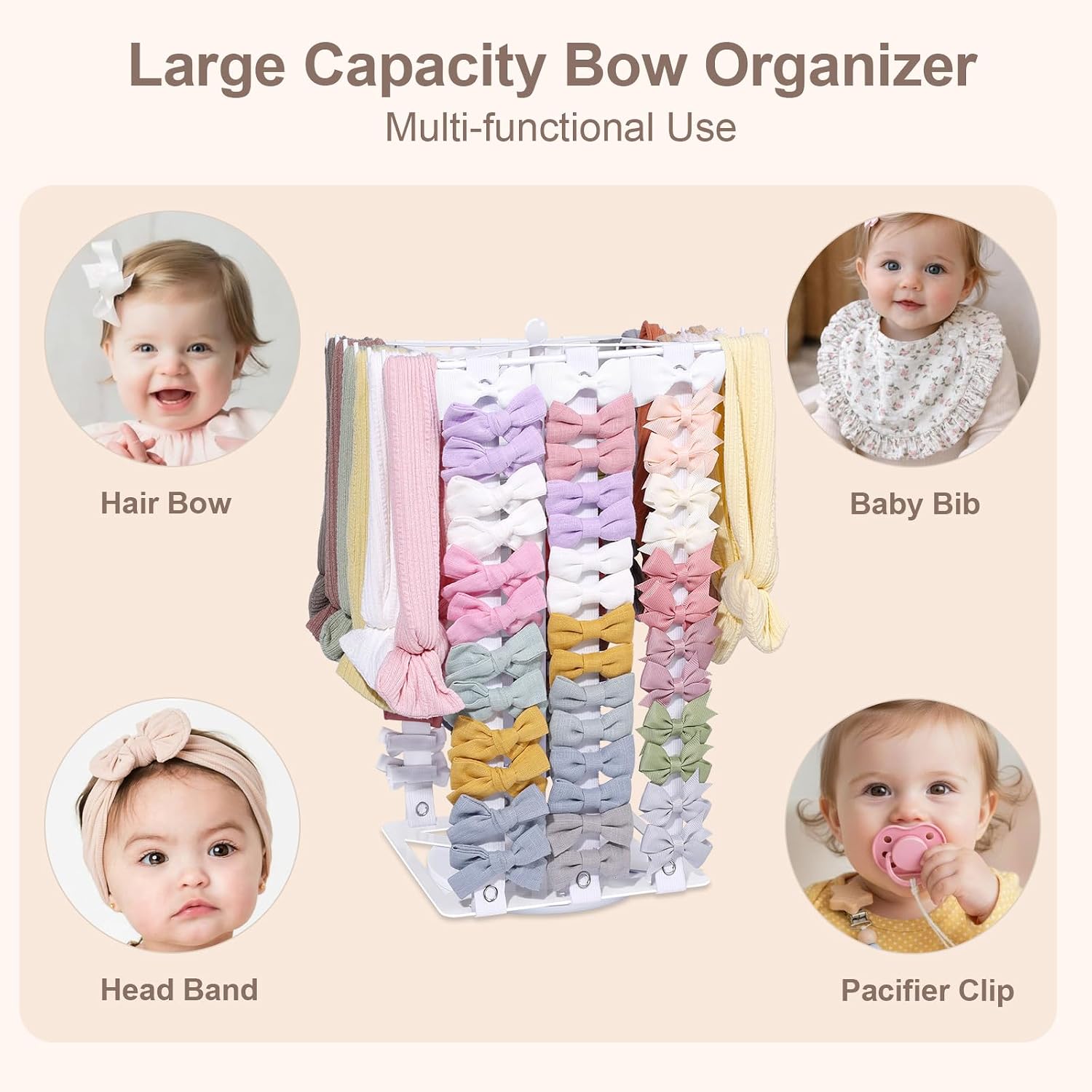 POVETIRE Headband Holder Bow Organizer for Girls,360° Rotating Hair Accessories Storage Display,Baby Hair Pins Bow Holder Stand for Toddler Nursery Decor