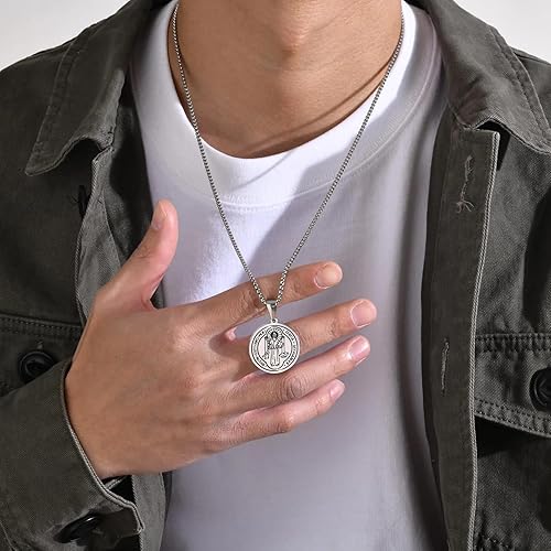 Miniatura 4 de Collar de plata de ley 925 con medalla de San Benito para hombres y mujeres, medallas sacramentales católicas para protección contra el mal, joyería