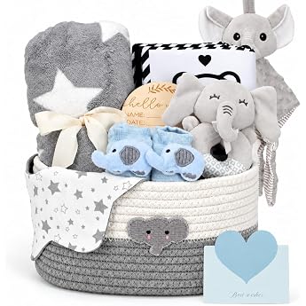 Newborn Gift Set Baby Gift Basket for Boys and Girls | Includes baby blanket, sensory book, wrap socks, rattle, bib &amp; milesto