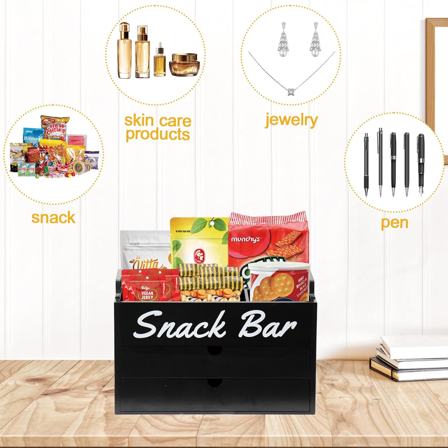 Snack Bar Organizer for Countertop, Wood Snack Bar Station with Handles, 4 Compartment Food Container Snack Box with Drawer, Pantry Organizers and Storage for Snacks, Chips, Packets