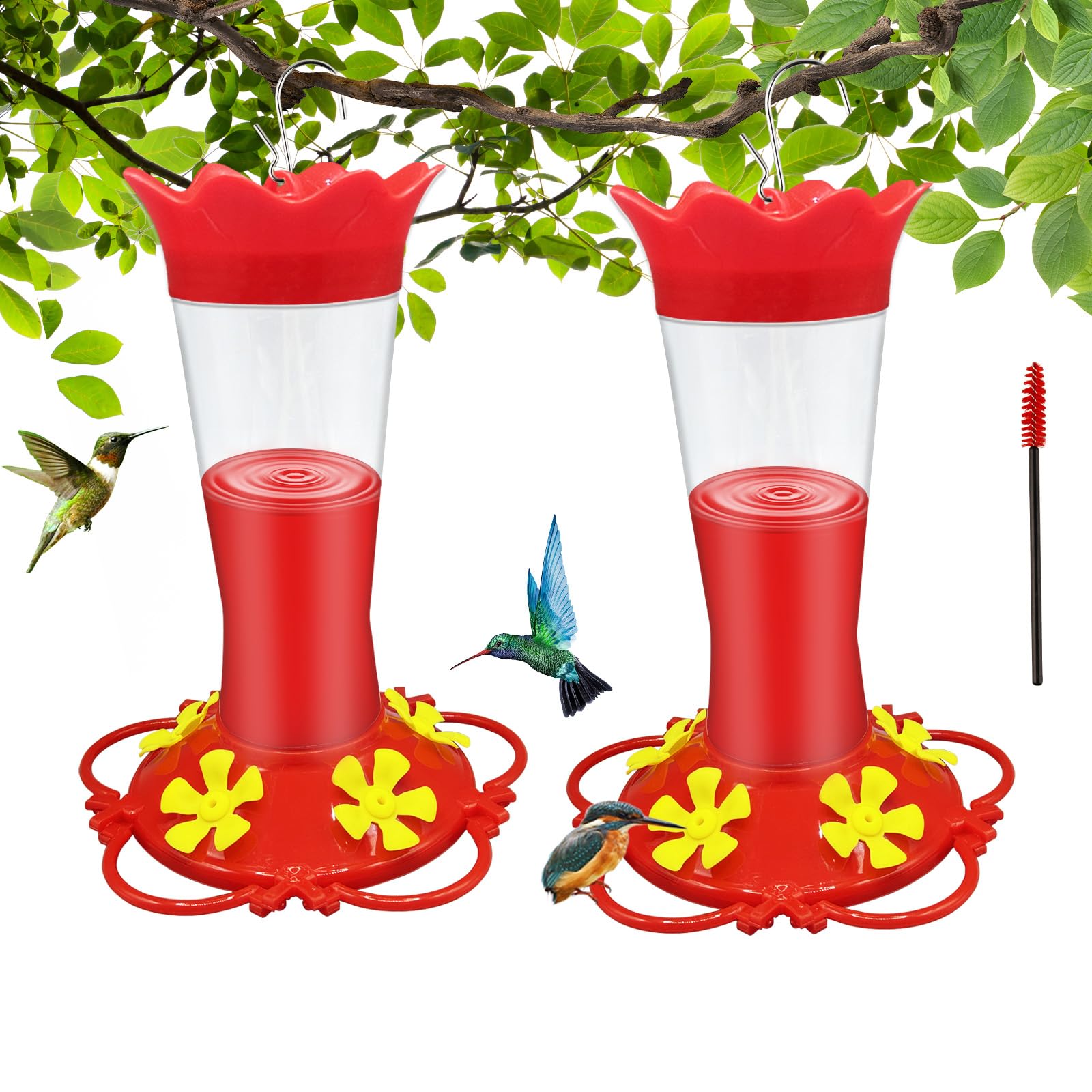 Hummingbird Feeders for Outdoors Hanging Ant and Bee Proof,2 Pack Humming Birds Feeders for Outside,13.5OZ Red Plastic Flower Bird Feeders 5 Feeding Ports Bird Nectar Feeder for Garden Décor Gifts
