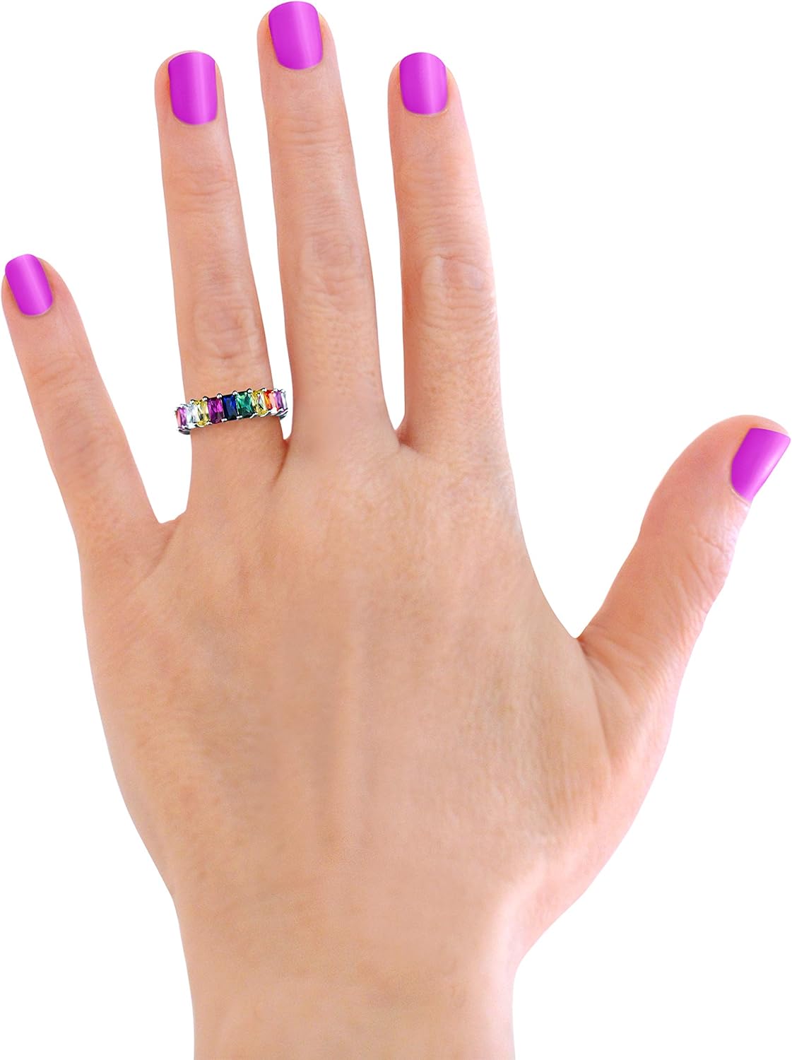Savlano 18K White Gold Plated Cubic Zirconia Emerald Cut Multicolor Rainbow Eternity Ring Band - Image 5