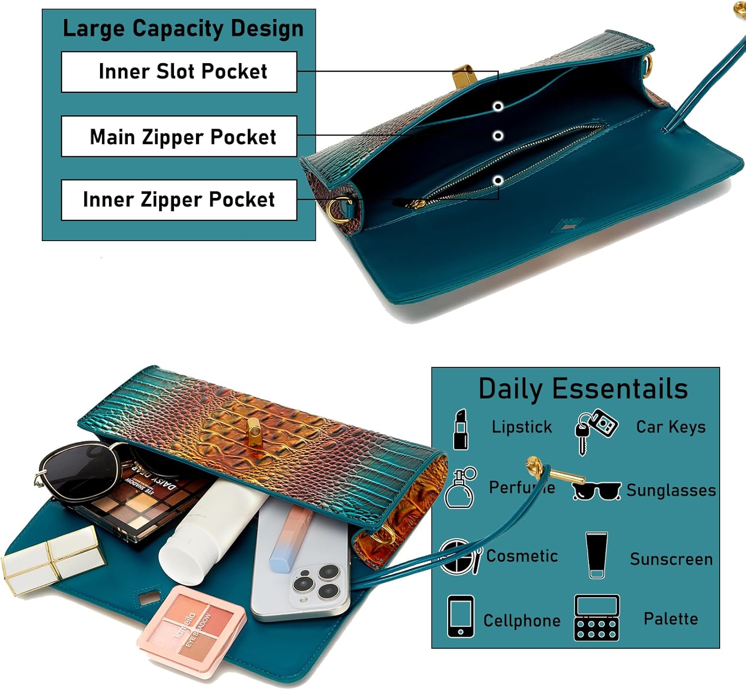 Trendy Women Crocodile Evening Clutch Purse Crossbody Shoulder Handbag Cute Vegan Leather Satchels - Image 5