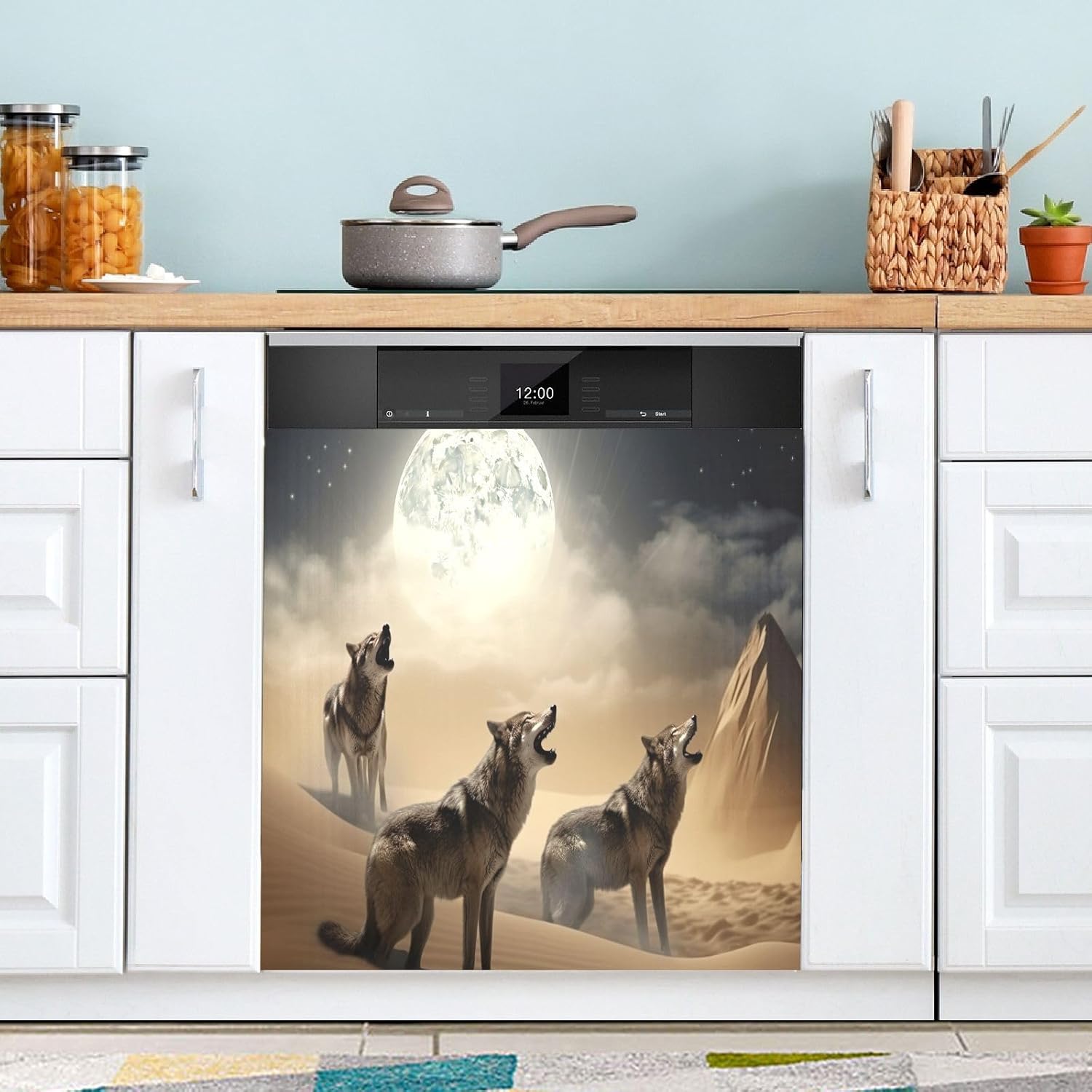 Dishwasher Magnet Cover,Reusable Fridge Panel Decal Front Dishwasher Cover for Kitchen Appliance Home Decor,23 x 26 Inch,Wolf