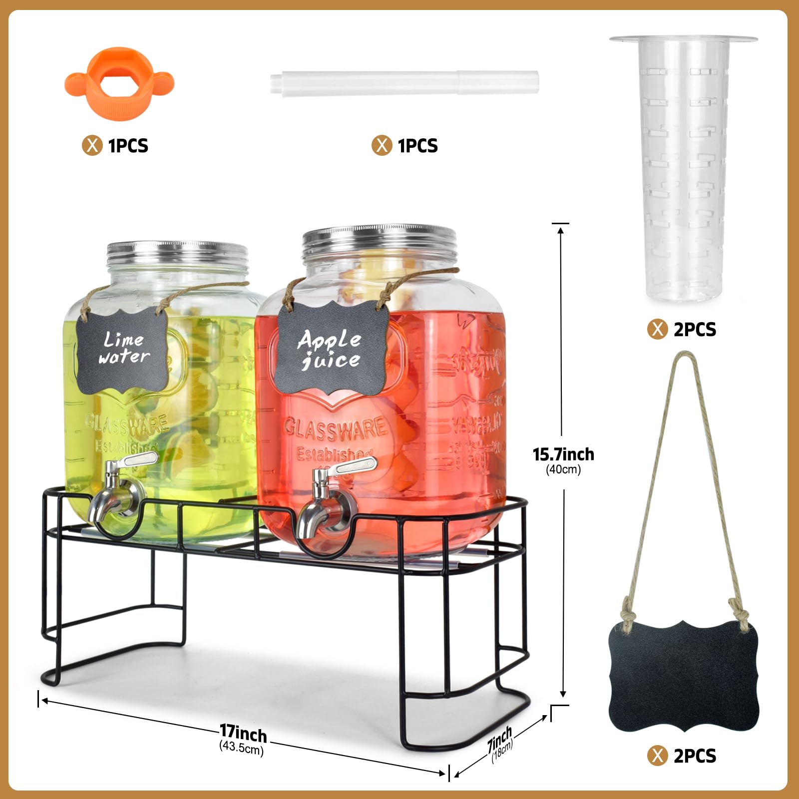 DD&HAPP Getränkespender aus Glas für Partys, 2 Stück, 4,8 l Getränkespender, Glas-Getränkespender mit Ständer und Edelstahl-Zapfhahn, 100 % auslaufsicher. Limonadenspender mit Eiszylinder.