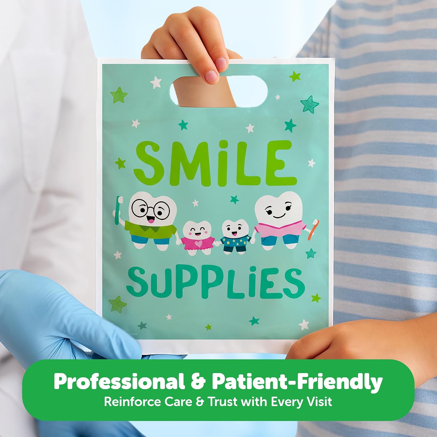 Soft Claws 100 Pcs Dental Goodie Bags – “Celebrate Your Smile” Tooth Design, 9 x 7.5 Inch Plastic Dental Bags with Handles, Patient Care Goodie Bags for Dentist Office, Made in USA