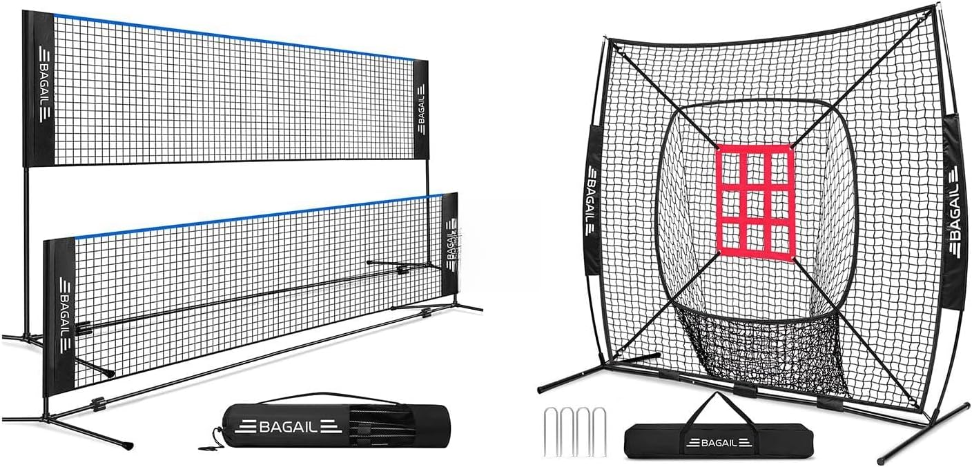 BAGAIL Badminton Net, Height Adjustable Kids Volleyball Net+BAGAIL 7x7 ft Baseball & Softball Practice Net with Bow Frame for Batting, Hitting,Portable Baseball Throwing Net Black Save 20%