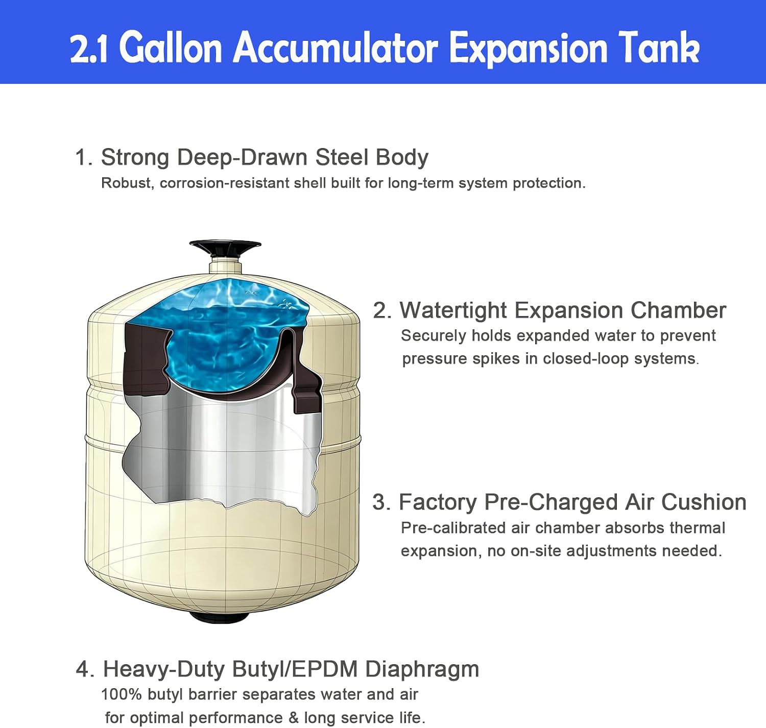 2.1Gallon Accumulator Expansion Tank for Water Heater, Potable Thermal,3/4 Inch MNPT Connection
