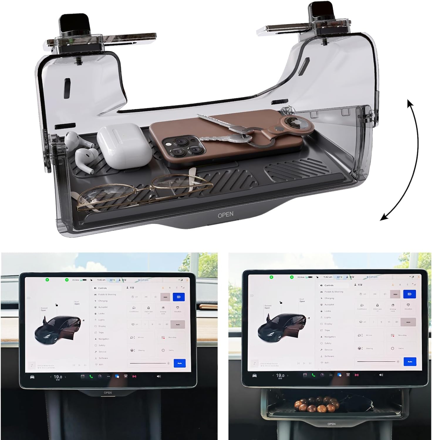 Hidden Under Screen Storage for Tesla Model 3 Model Y (2016-2025), Behind Screen Hidden Privacy Storage Center Console Organizer Tray for Tesla Interior Accessory