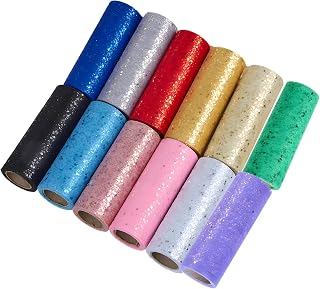 12 Pcs Glitter Tulle Rolls, 6 in x 10 Yards Rainbow Glitter Tulle Rolls, Multicolor Fabric with Shiny Sequin, Ideal for Crafting, Decoration, DIY Projects, Wedding and Birthday