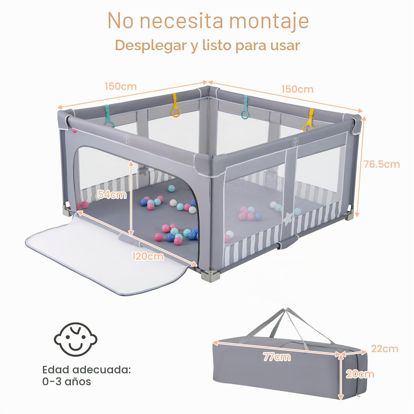 LIFEZEAL Parque Infantil Plegable para Bebés 150cm, Área de Juego Segura con Tela Oxford y Malla Transpirable, Parque de Actividades Portátil con Bolsa de Transporte para Niños de 0 a 3 Años (Azul)
