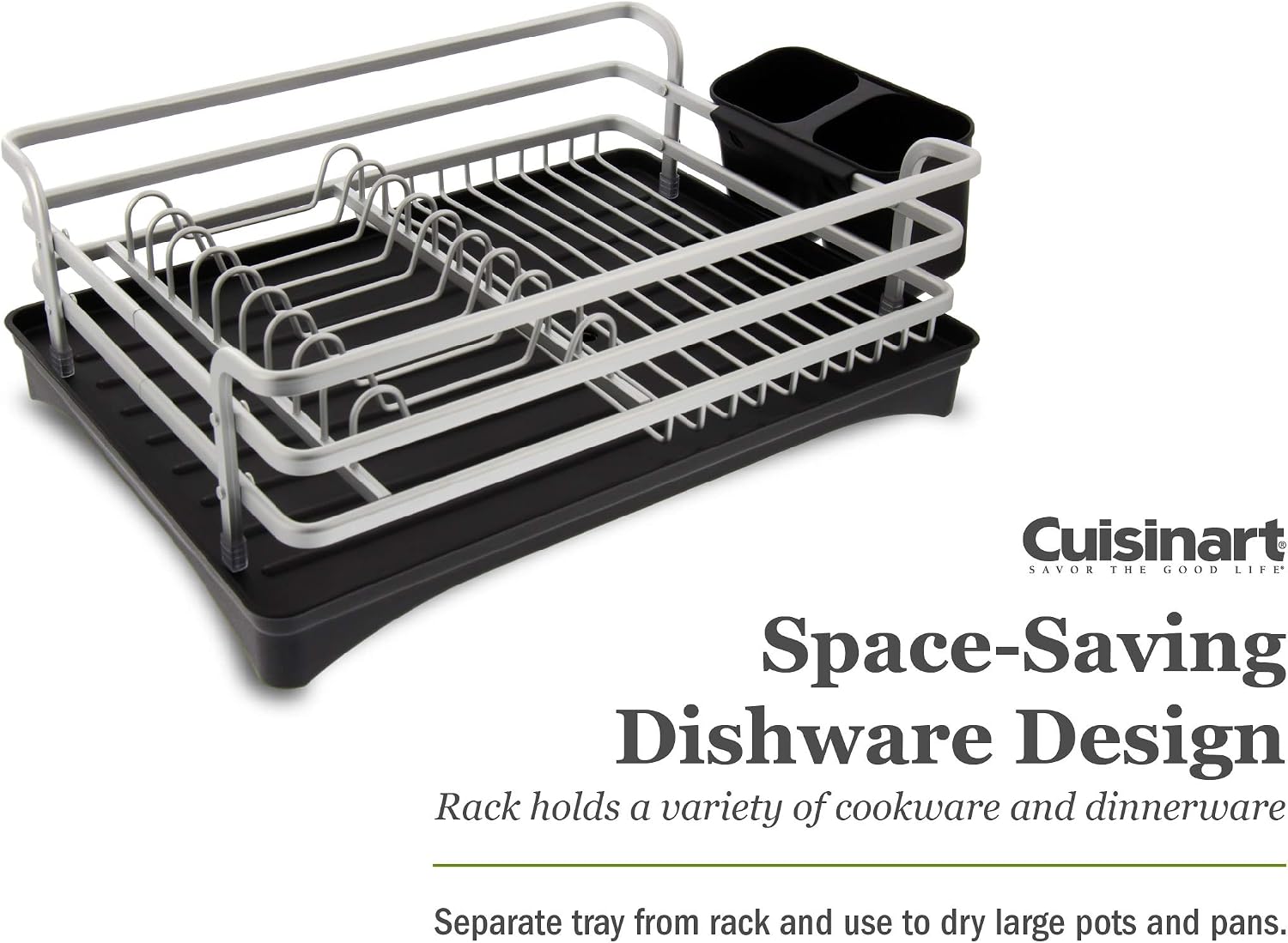 Cuisinart Aluminum Rust Proof Dish Drying Rack - Compact Dish Drying Rack with a Removable Tray, Swivel Draining Spout, and Utensil Caddy-Perfect Kitchen Countertop Organizer, Silver, 16" x 12" x 5.5"