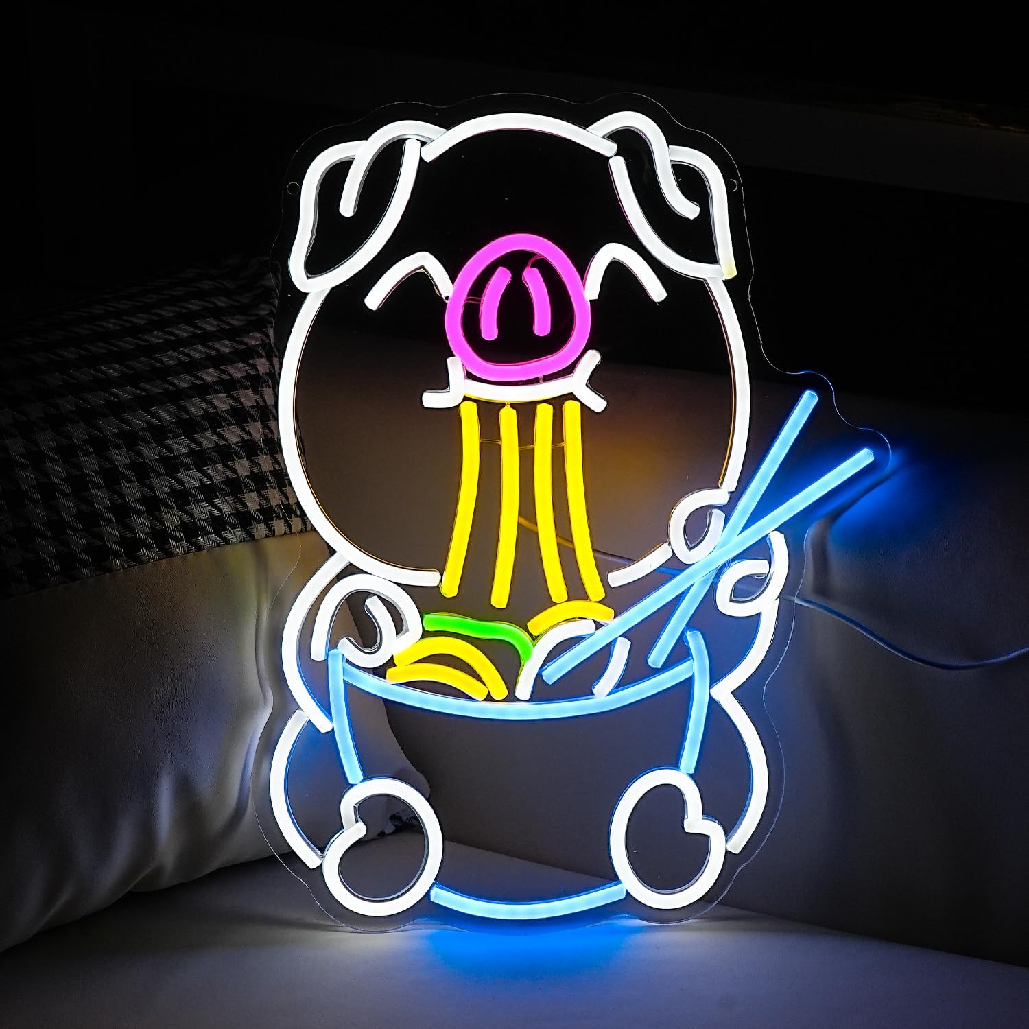 Cute Pig Ramen Neon Sign LED Noodles Pig Light Signs for Wall Decor USB Japanese Ramen Neon Lights for Restaurant Ramen Shop Dining Room(16.5”*12.6”)
