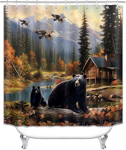 Miniatura 9 de Jayden Madge - Juego de 4 cortinas de ducha de oso negro, decoración de baño de granja, montaña, río, pino, bosque, malardo, pato, ciervo, alce,