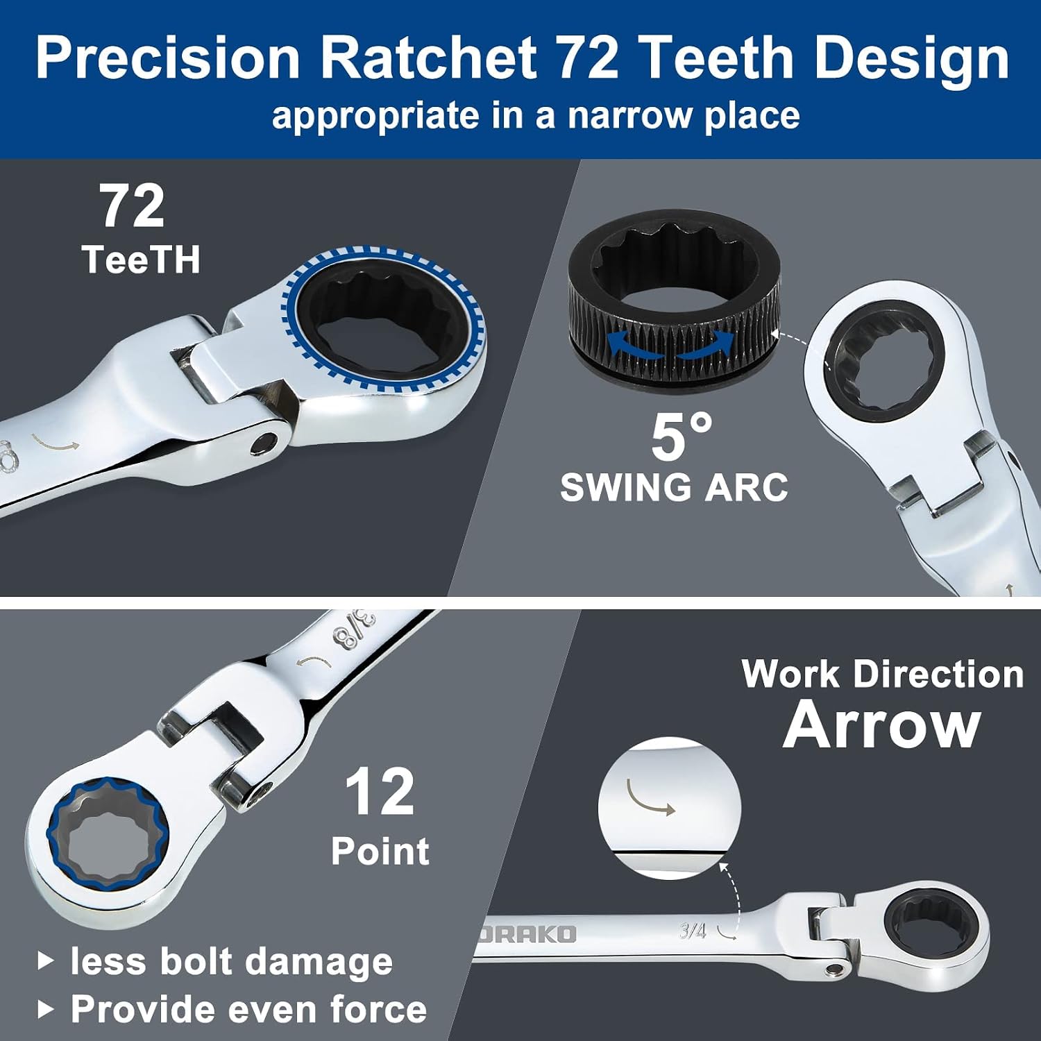 SORAKO Ratcheting Wrench Set Flex Head, 16 Piece SAE Combination Ratchet Wrench kit, 1/4″ - 13/16″ Chrome Vanadium Steel Wrenches with Bit Socket Wrench Adapter&Roll Pouch