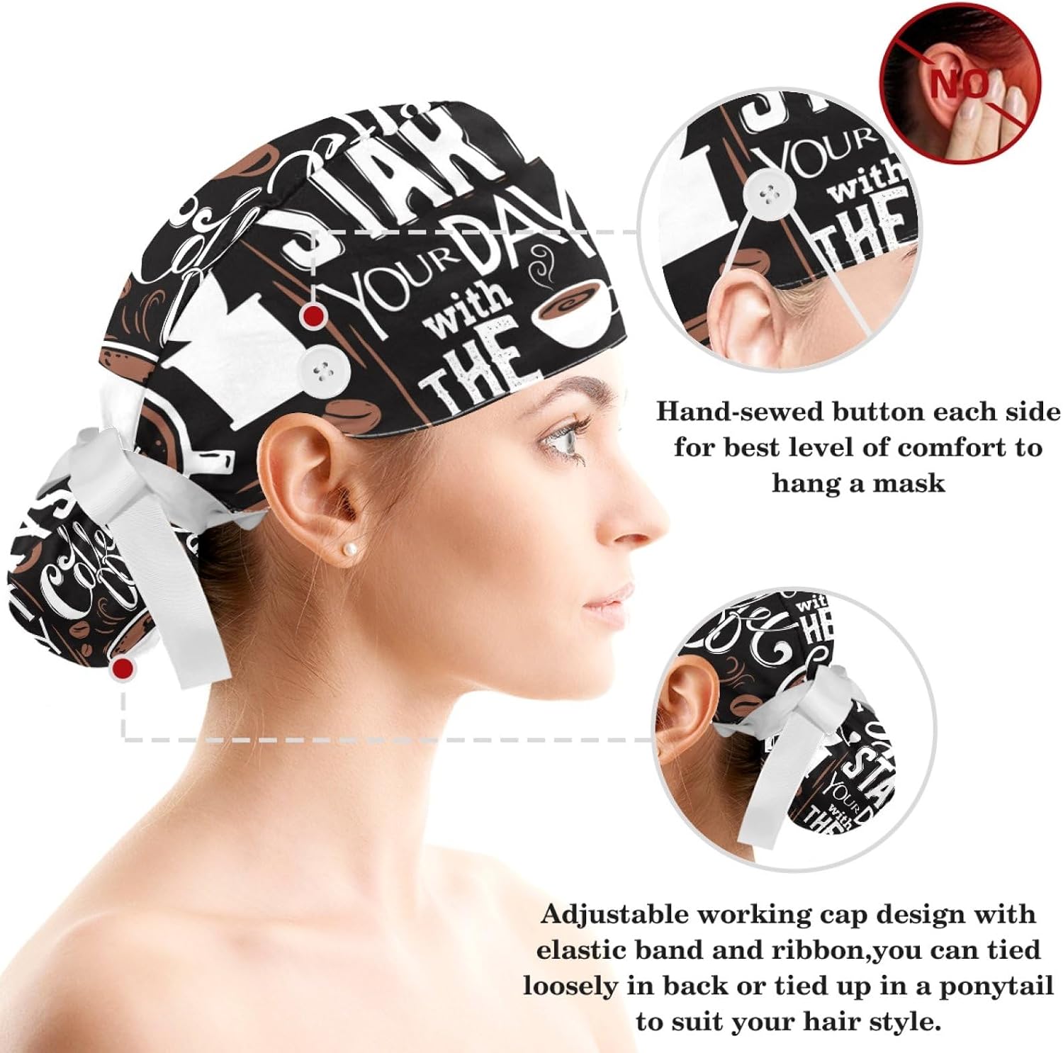 Brain with Knowledge Women’s Working Caps with Scrunchy Long Hair Cover Ribbon Lace-Up Hat
