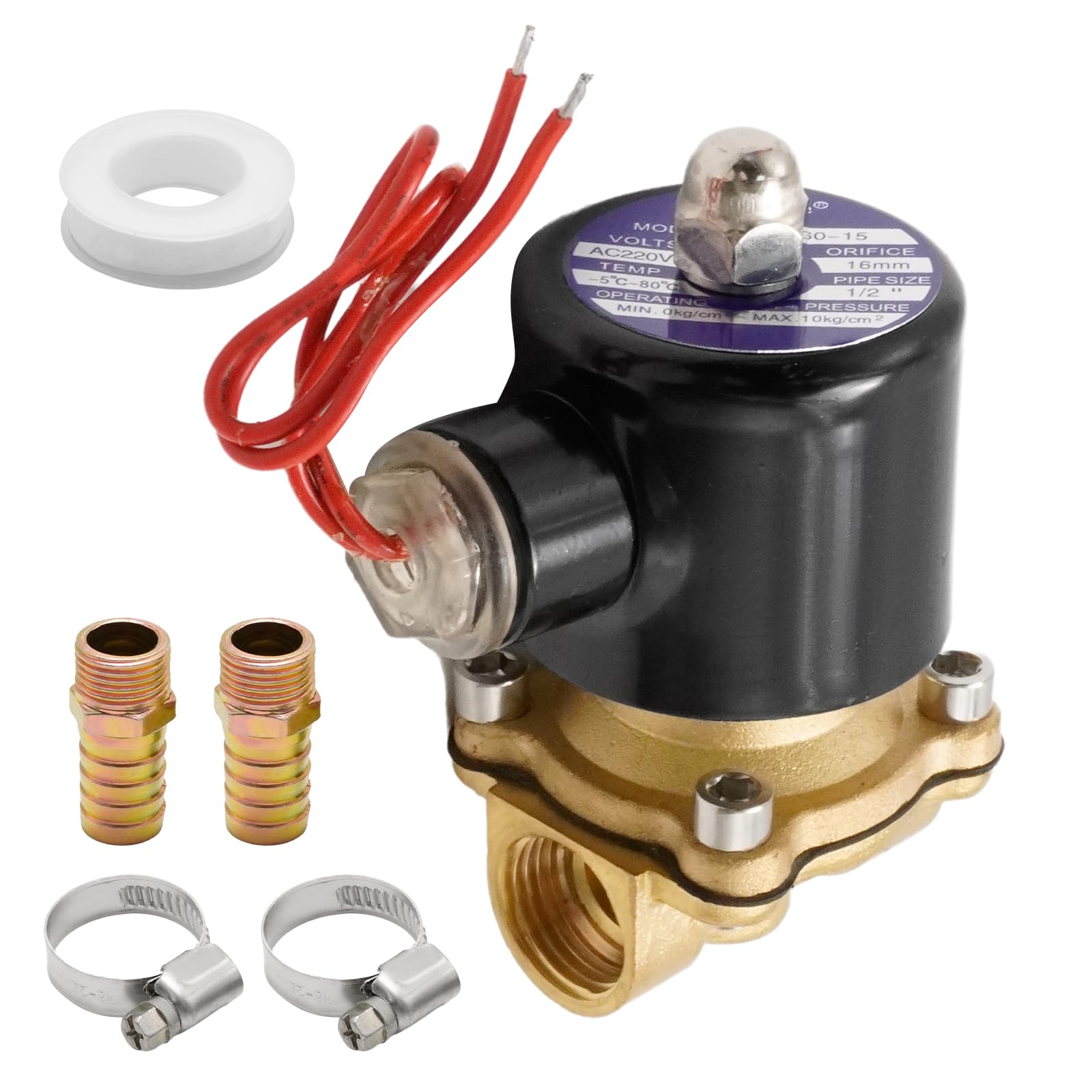 Hoypeyfiy 1/2'' BSP Elektrisch betätigtes Messing-Magnetventil, AC 220 V NC Elektrisch betätigtes Messing-Magnetventil, für Wasser, Luft, Gas und Öl
