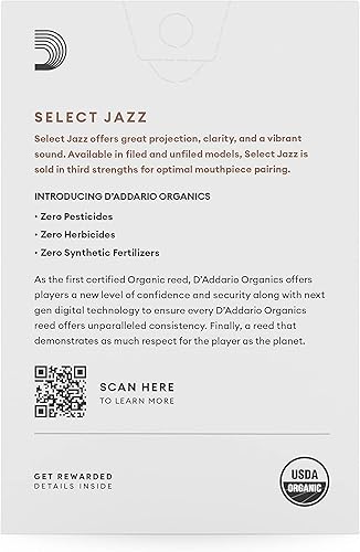 Miniatura 32 de D'Addario Organic Select Jazz Unfiled - Cañas de saxofón soprano – Cañas de saxofón – Selladas individualmente – 3 medianas, paquete de 10