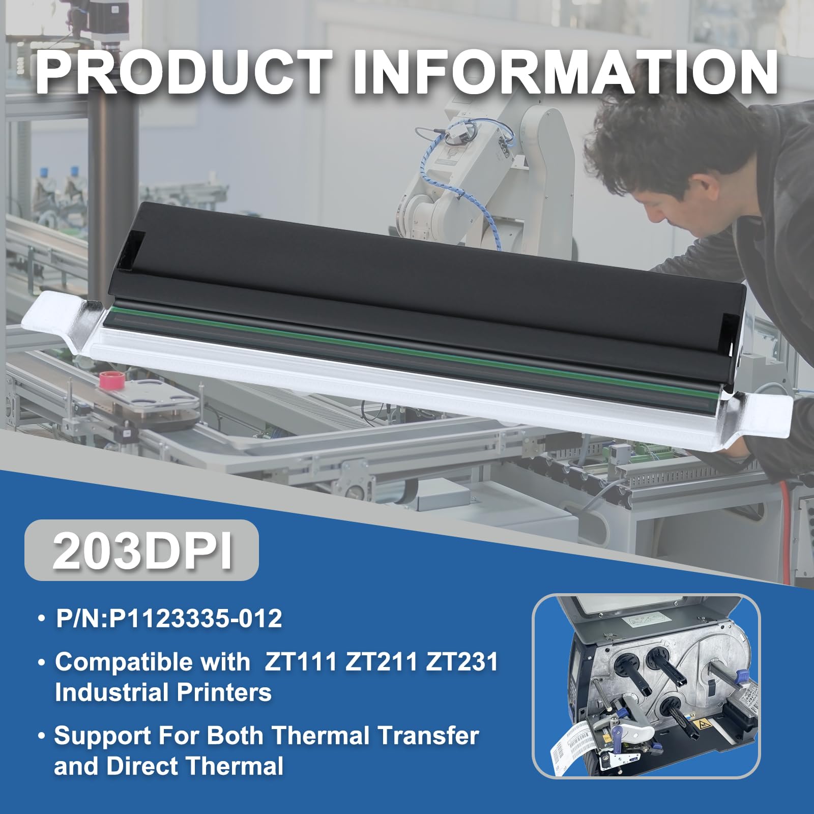 Nuova testina di stampa termica P1123335-012 per Zebra ZT111 ZT211 ZT231 Codice a barre 200DPI Testina stampante OEM Ricambi di ricambio