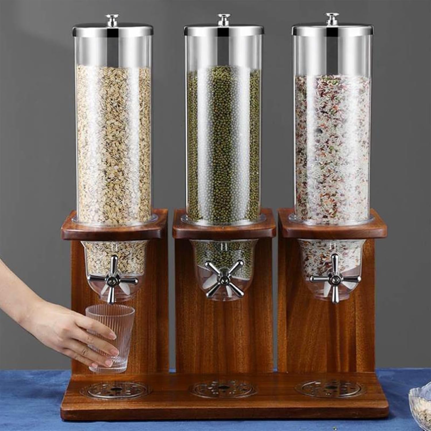 12 Liter Cereal Dispenser Countertop, Wooden base, Rotating Dry Food Dispenser for Cereal, Rice, Grains, Candy, Coffee Beans (Three grids) (Yellow wood, 12L)