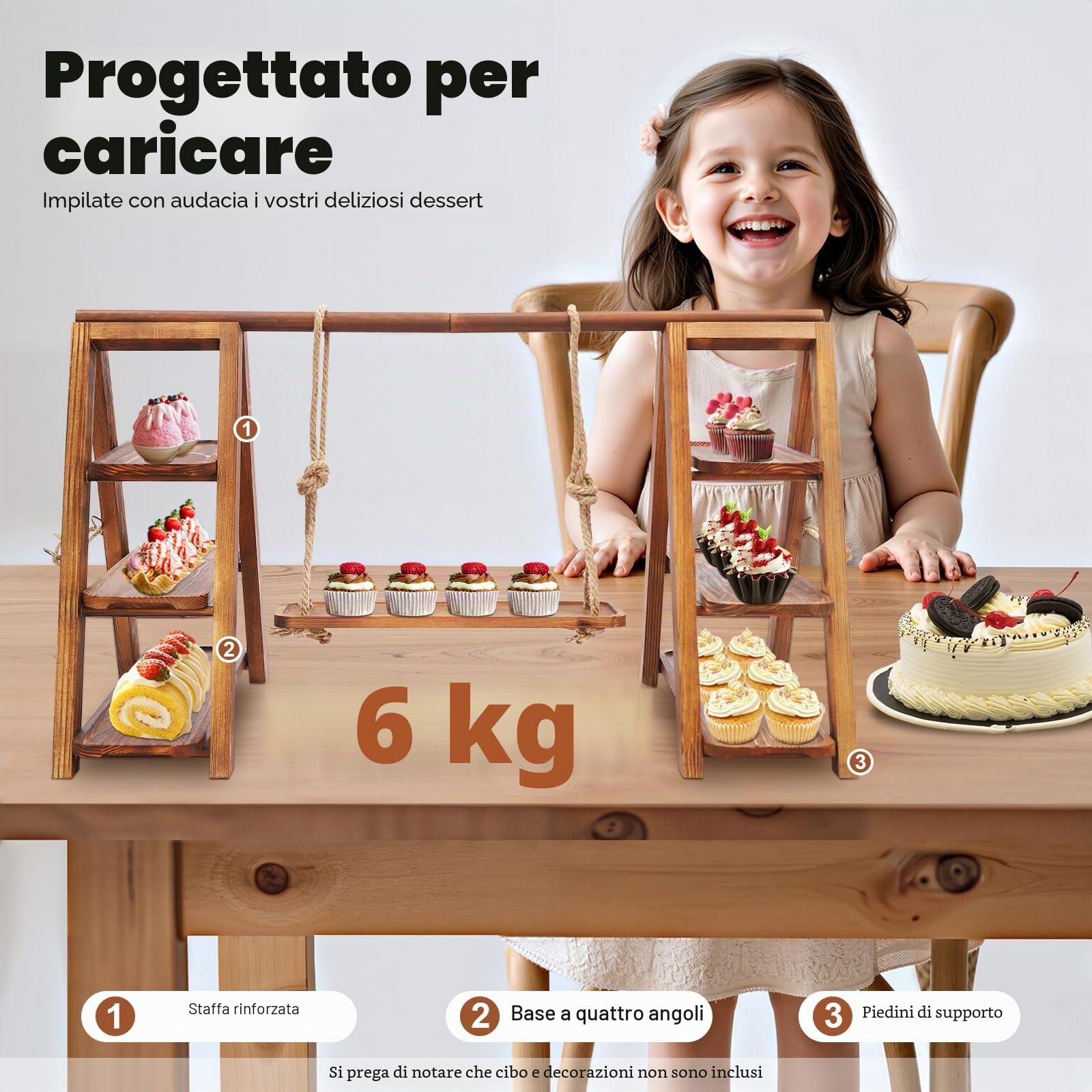 Supporto per cupcake a 3 ripiani in legno, presentazione da dessert regolabile per cupcake, snack e frutta, supporto decorativo per feste con design a dondolo