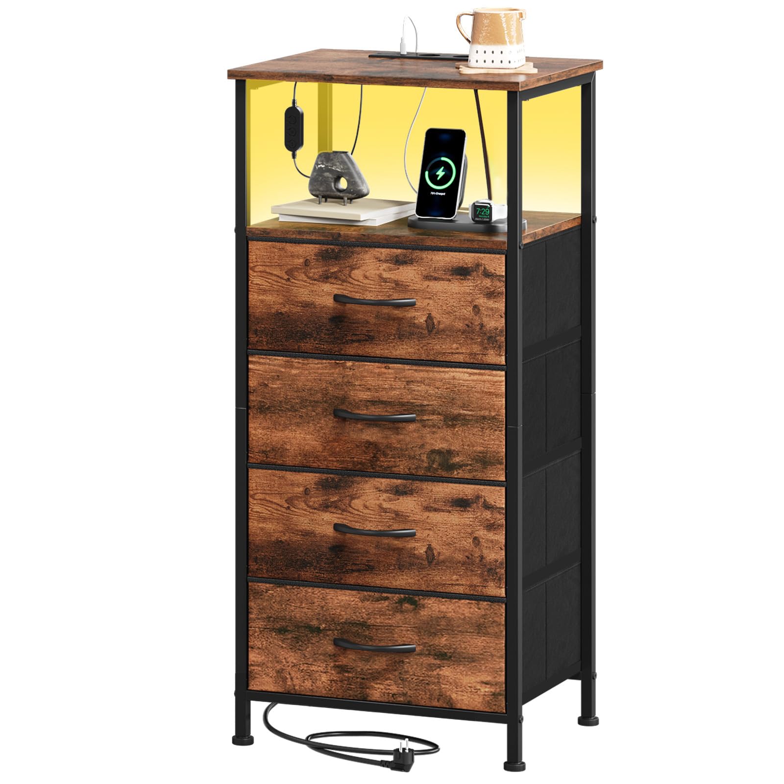Somdot Commode Chambre Connecté, Table de Chevet LED Haute avec Station de Charge, Meuble de Rangement en Tissu pour Adult Salon Couloir Entrée, 30P x 40l x 86,5H (4 Tiroirs), Imprimé Grain de Bois