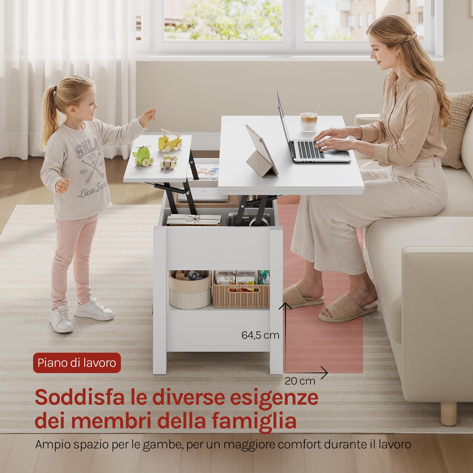 WOLTU Tavolino da Caffè Sollevabile con Spazio Nascosto, Scomparto Aperto e 2 Cassetti, Tavolo Salotto Estensibile Multifunzione per Soggiorno e Studio, Bianco