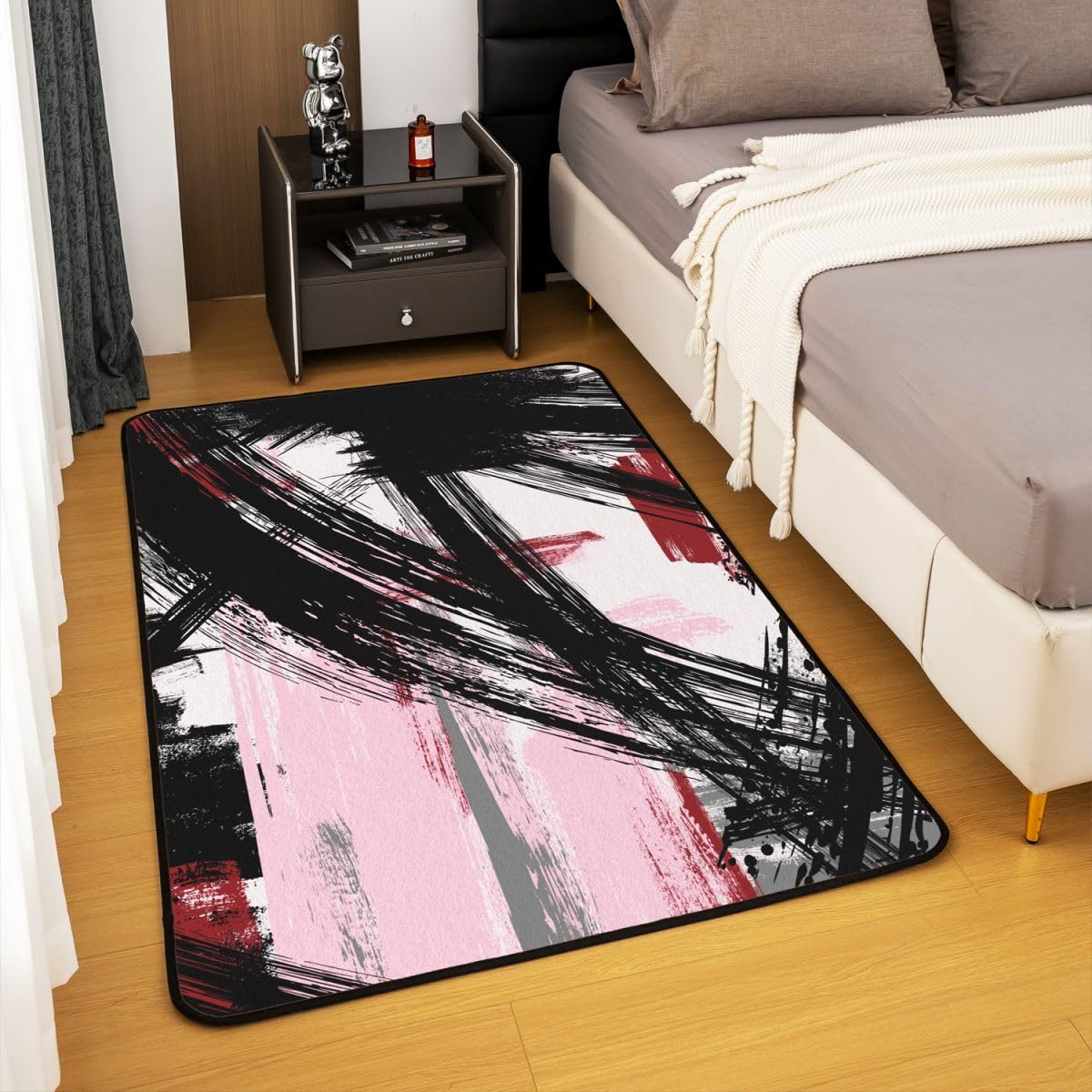 Homewish Różowy i czarny abstrakcyjny dywan 150 x 200 cm do sypialni - geometryczne dywany sztuka nowoczesna salon akwarela paski nie gubi włosia dywan współczesne graffiti estetyczne duże dywany