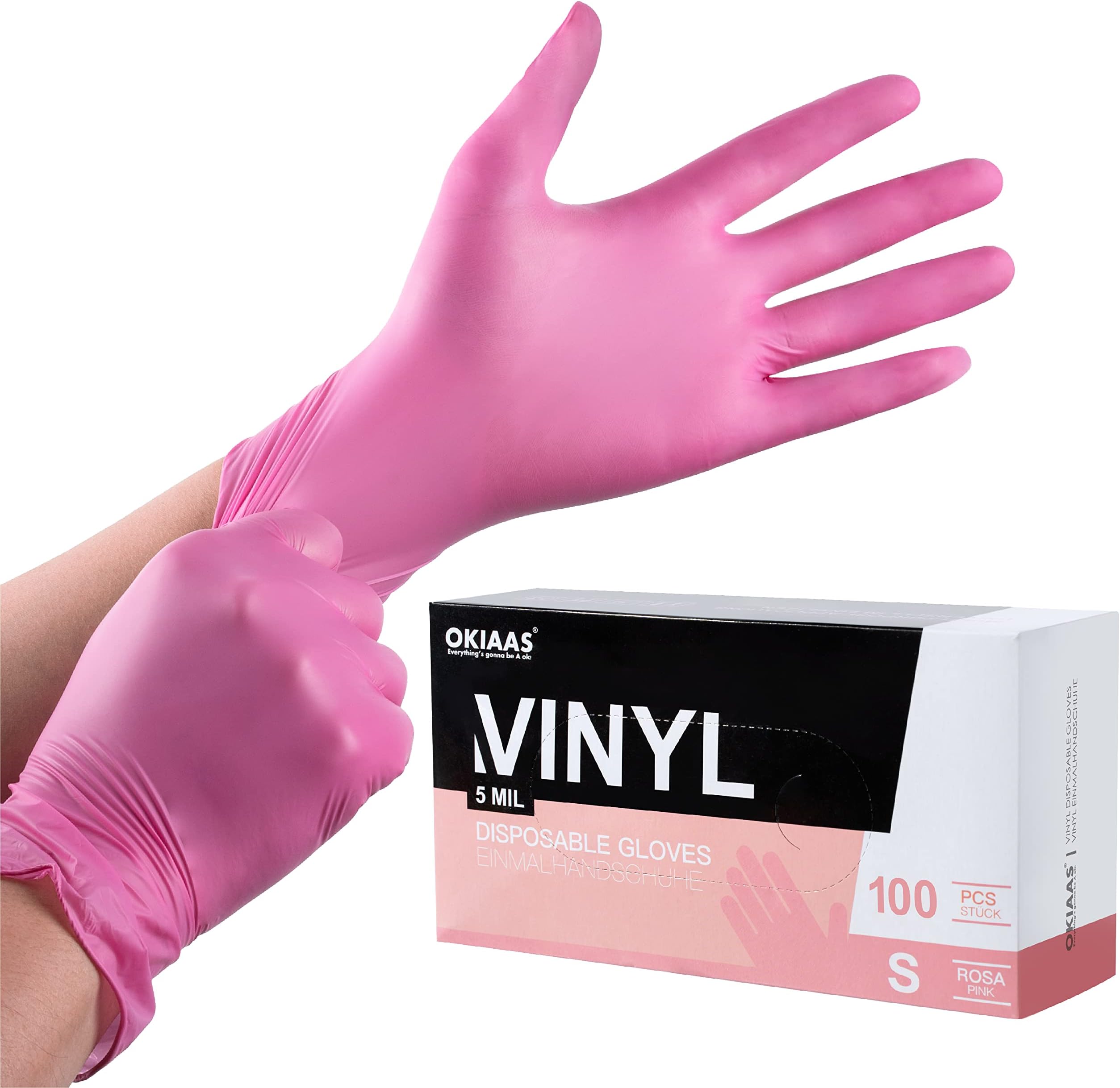 OKIAAS Pink Gloves S|Latex-Free Vinyl Gloves for Household, Food Handling, Lab Work and More|Small,100 Counts/Box