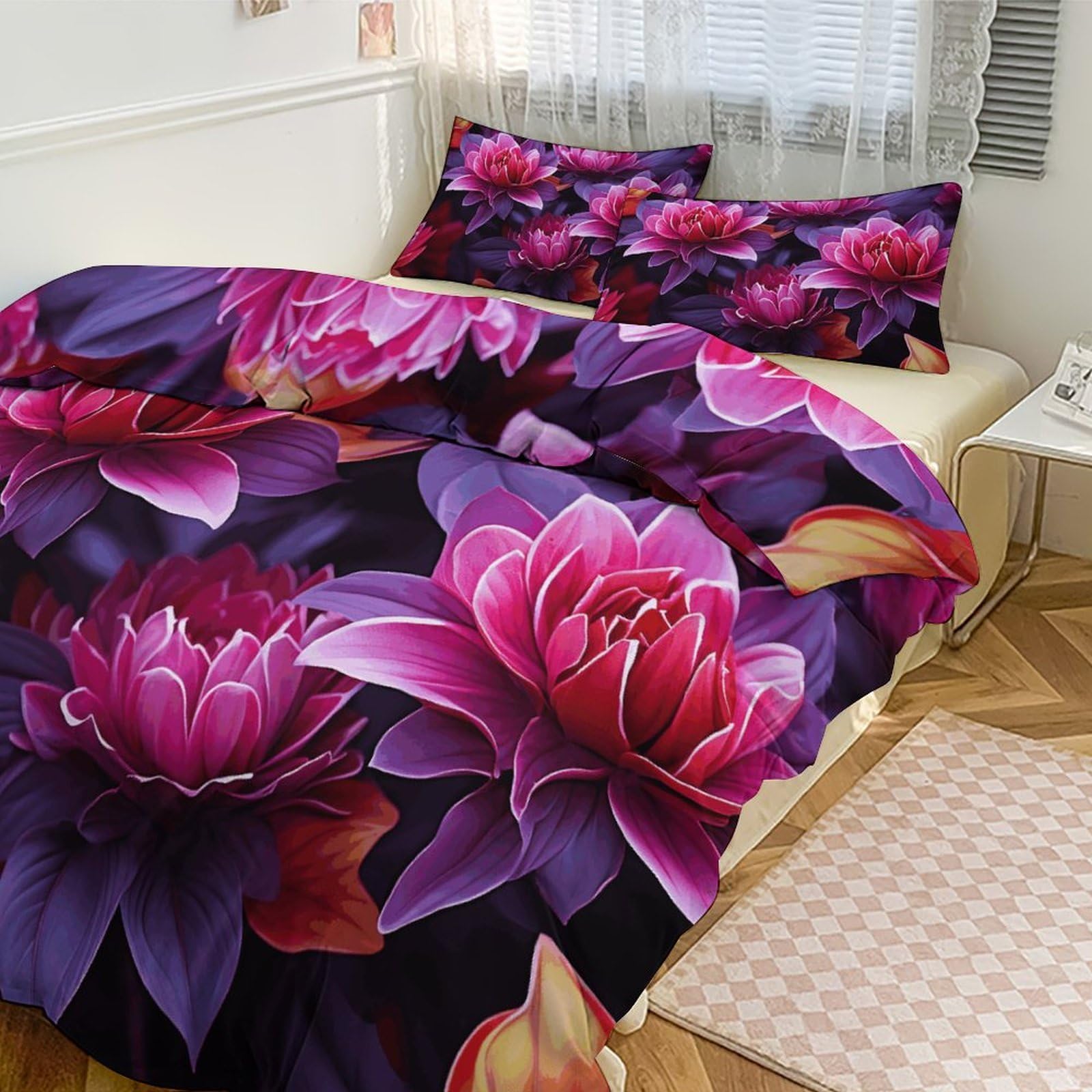 Housse de couette pour grand lit respirante parure de lit 3 pièces drap fleurs violettes