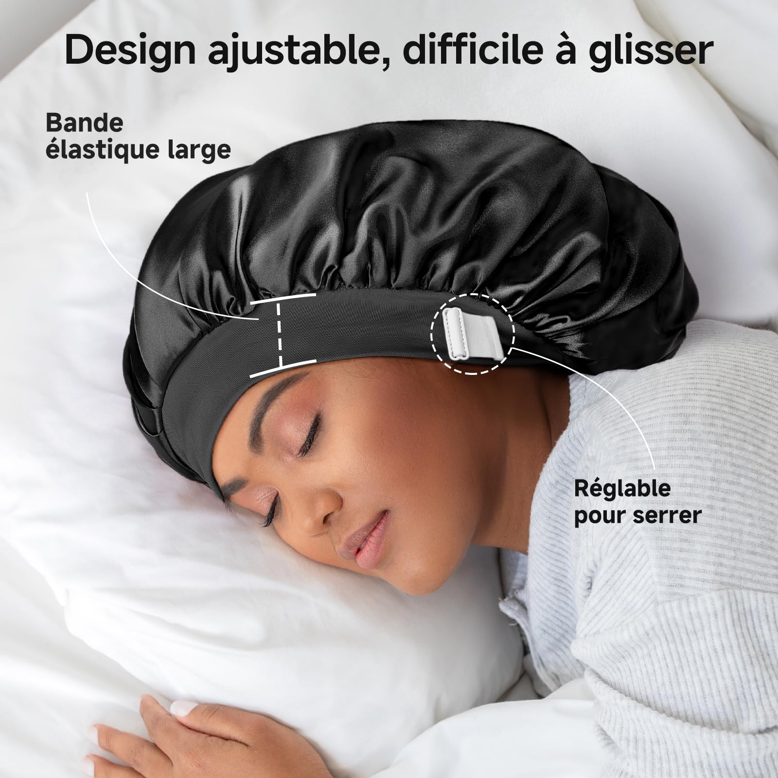 Umisleep Bonnet Soie Cheveux Nuit avec Doublure Soie de mûrier 22 Momme – Double Couche, Grande Taille pour Cheveux Longs ou bouclés, Bande Large réglable, Ultra-Doux, Noir+Violet