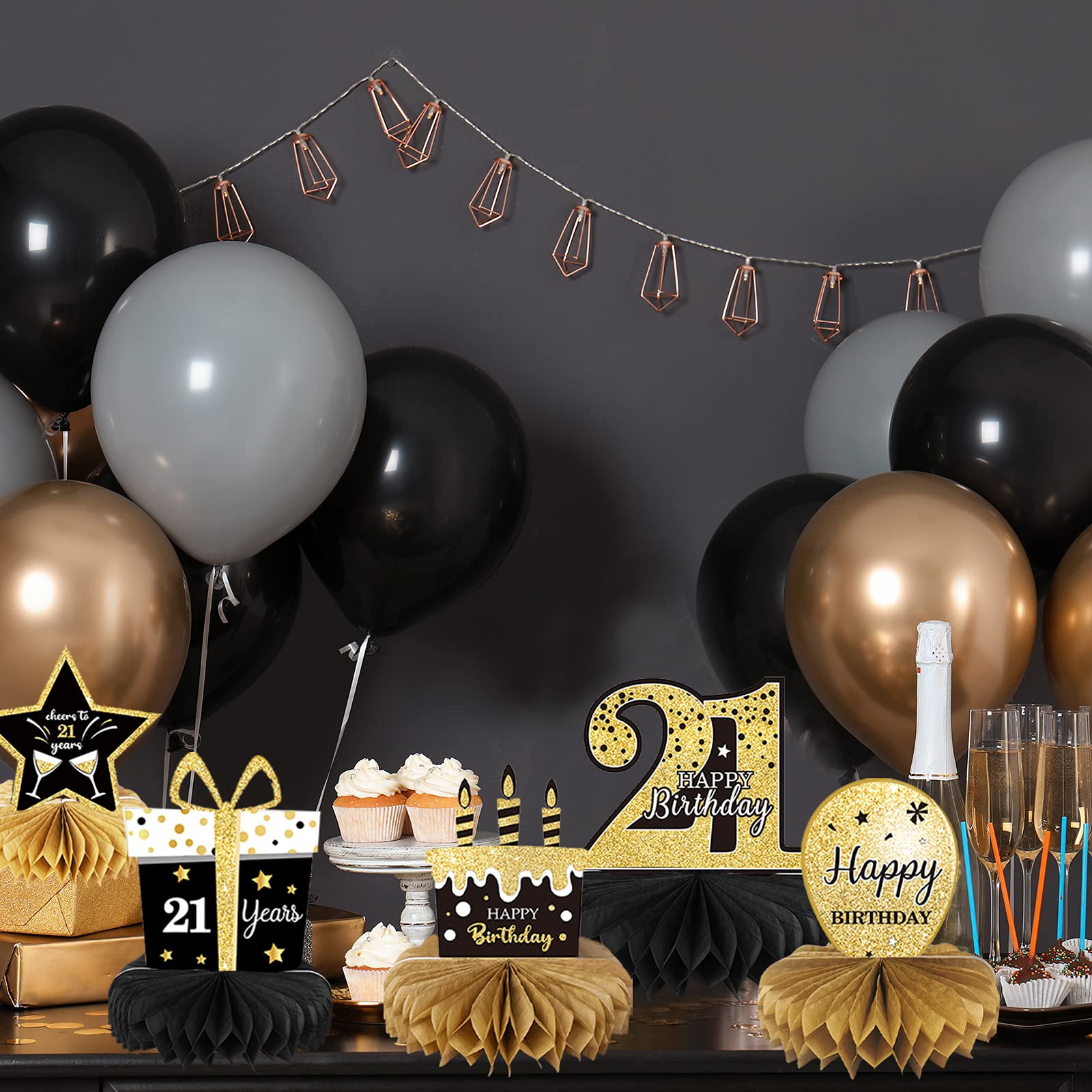 Decorazioni Per 21° Compleanno | Set Da 9 Centrotavola A Nido D'Ape Con Stelle, Torte E Palloncini | Tema Oro E Nero Per Festa Indimenticabile