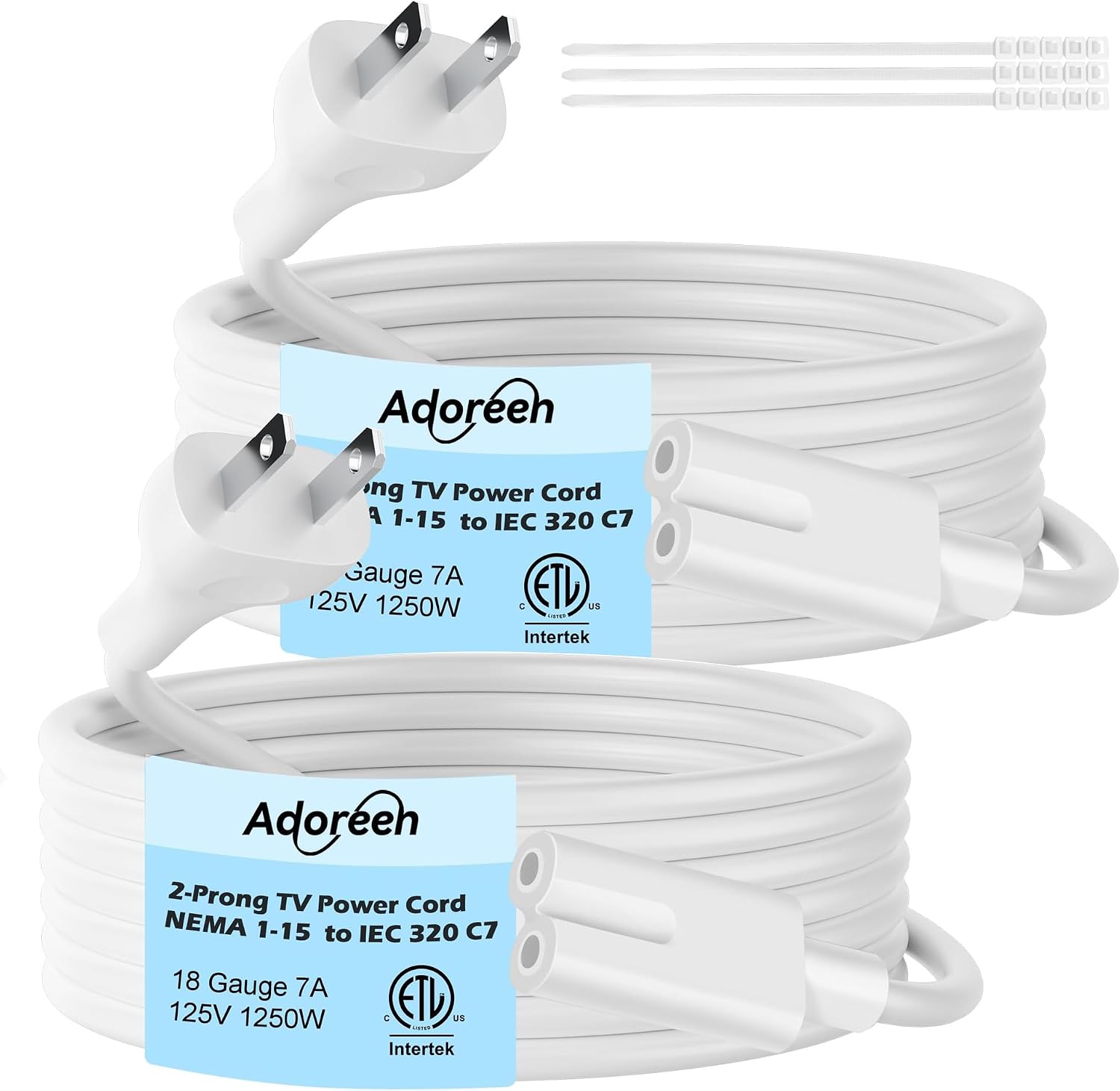 Adoreen Non-Polarized Replacement TV Power Cord 2 Ft/2 Pack, 2-Prong 1-15P to IEC 320 C7 C8 AC Supply Cable for Samsung LG Sony Apple TV LCD LED Xbox, 18/2 AWG-ETL-White+Ties