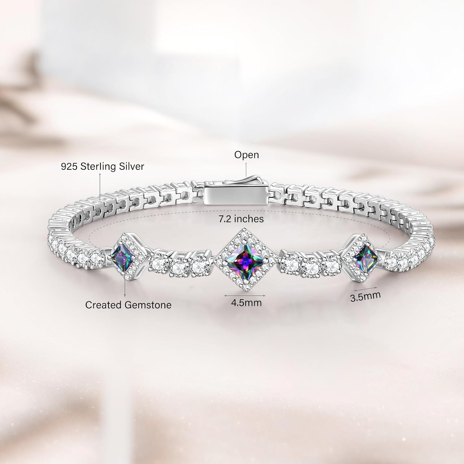 FANCIME Birthstone Bracelets 4mm Sterling Silver Tennis Bracelets Square Gemstone Birthday Fine Christmas Jewelry Gifts for Women 7.2" - Image 4