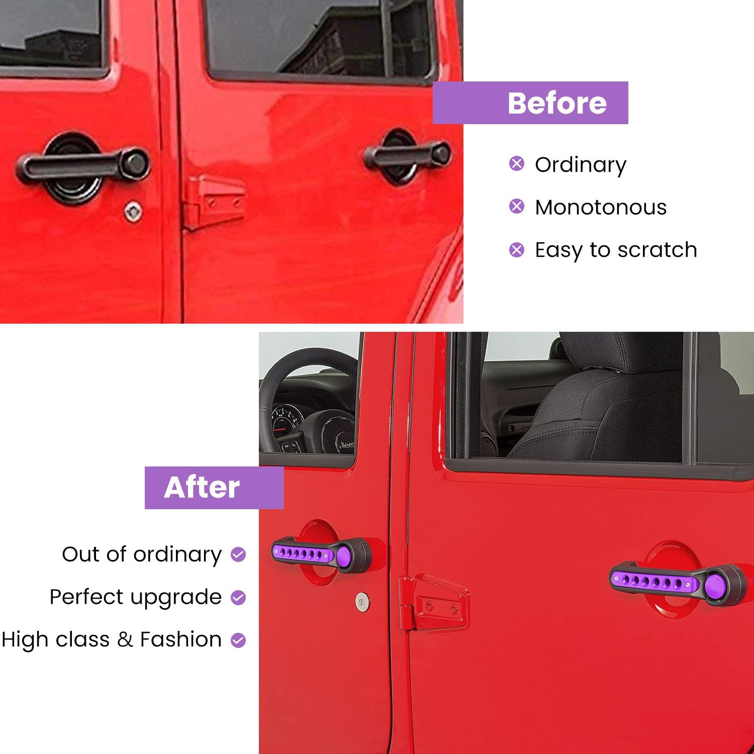 E-cowlboy Door Grab Handle Inserts Cover for Jeep Wrangler JK JKU Sahara Rubicon Unlimited 2007-2018 Front & Rear Exterior Door Handle Decoration Accessories Aluminum 5Pcs/Set (Purple)