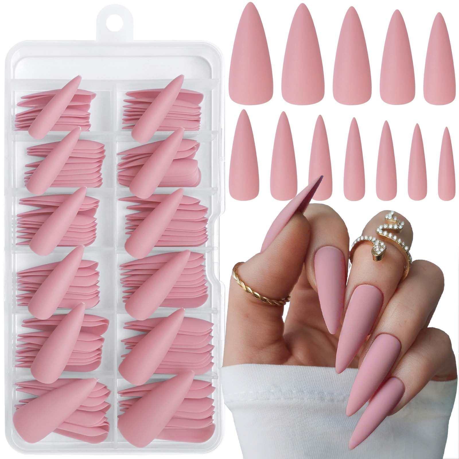 LoveOurHome 120pc Stiletto Press on Nails Long Fake Nails, Matte Pink Nails Press ons Nail Stiletto Artificial Fingernail Long Pointy False Nails Full