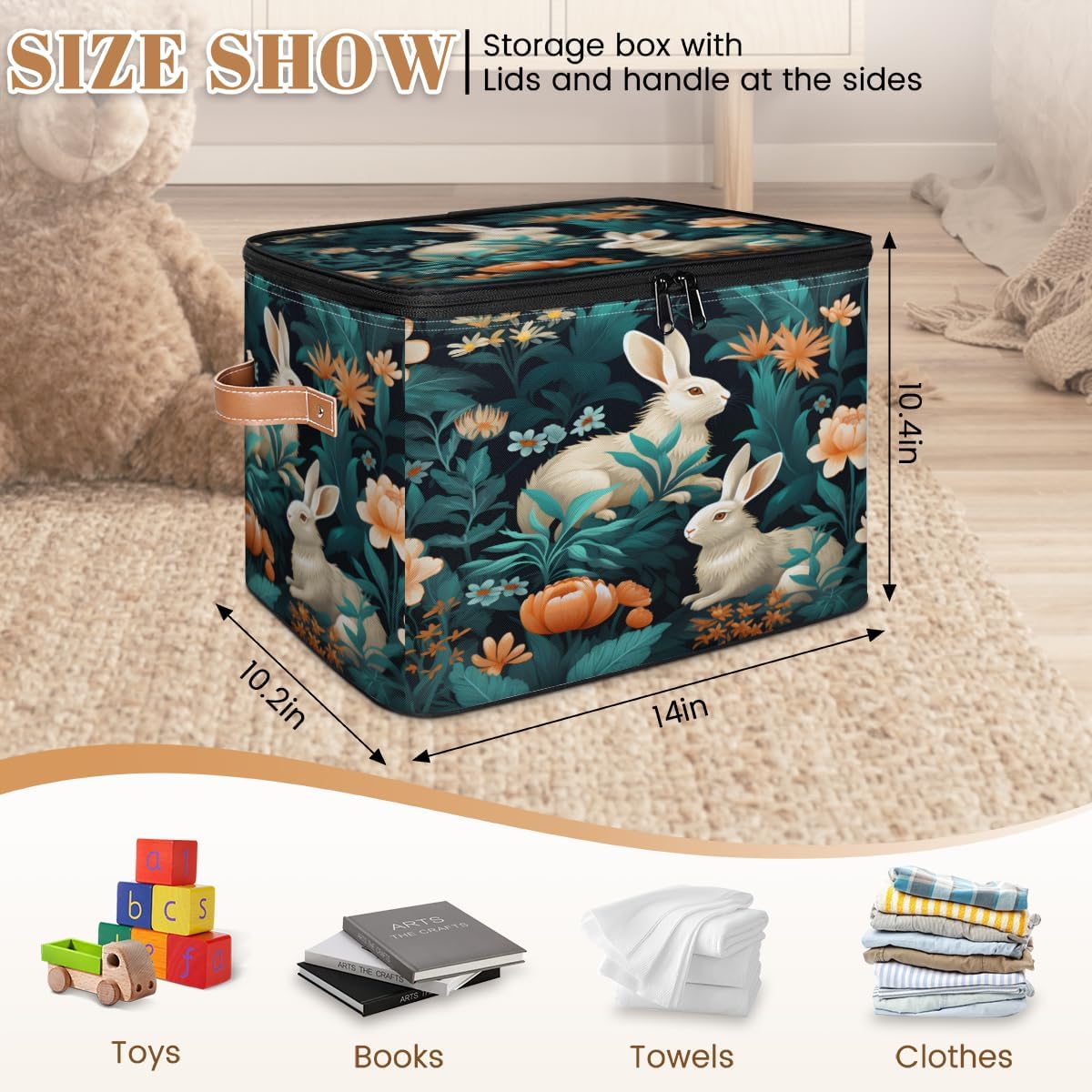 Storage Bin Set of 2 Bunny Flower Leaf Storage Basket with Zipper Lid & Handle Foldable Closet Shelf 2 Pack Cloth Organizer Basket Cube Bins Clothes Organizer for Bedroom, Nursery