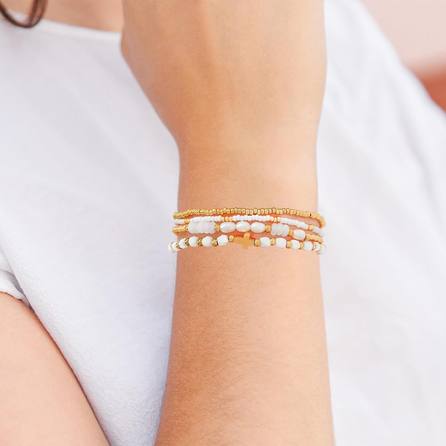 Dainty Gold Plated Pearl Crystal Beaded Bracelets Set for Women 14K Gold Plated Bead Pearl Beads Bracelet Stackable Paperclip Link Chain Bracelets Gold Plated Bracelets for Women Trendy Jewelry - Image 4