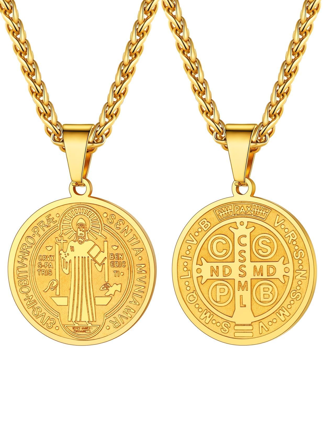Saint Benedict Medal Necklace for Men Women, Stainless Steel Catholic Pendant, Silver Gold st Crucifix Religious Protection Cross Jewellery for Faith Believers Christians, 22+2 Inches Wheat Chain