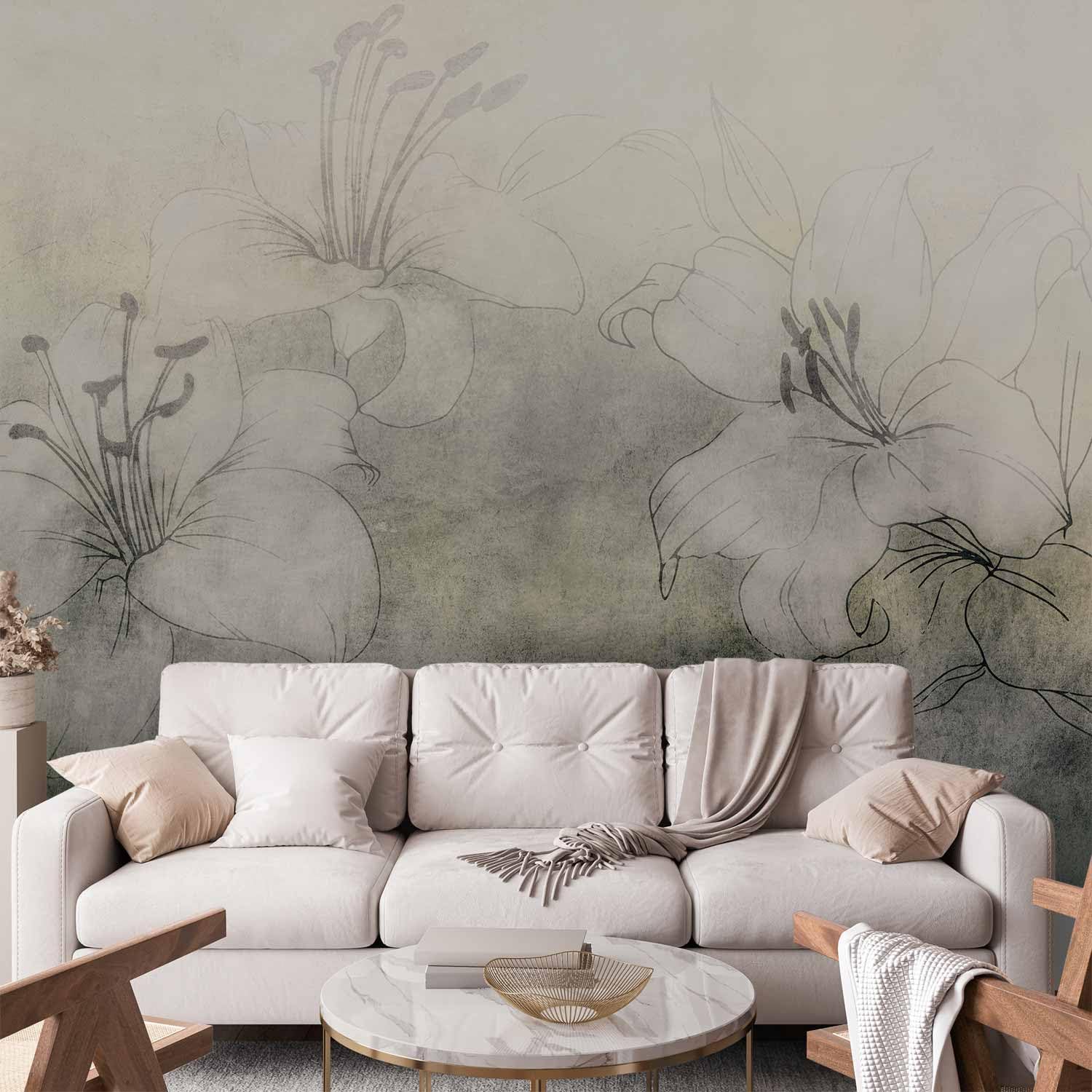 artgeist Wall Mural Flowers Floral 138x101 in - Non-Woven Wallpaper Fleece Wall Decor Photo Print Picture Image Design Home Mural Lilies Faux Concrete Grey Nature b-A-10410-a-a