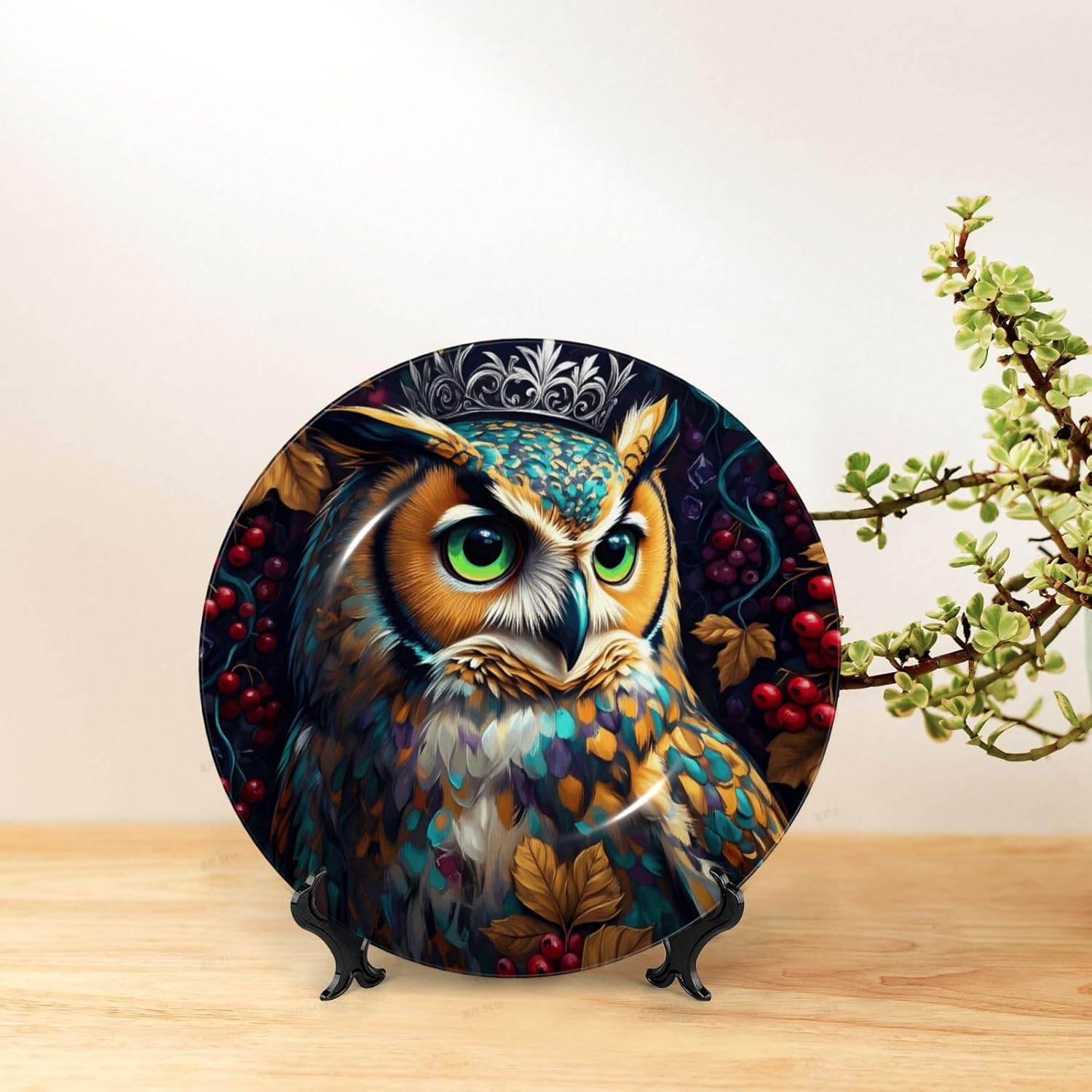 Crown Owl Style Ceramic Plate Display Decorative Plate With Stand Wall Hanging Plate For Home Decor 10 Inch