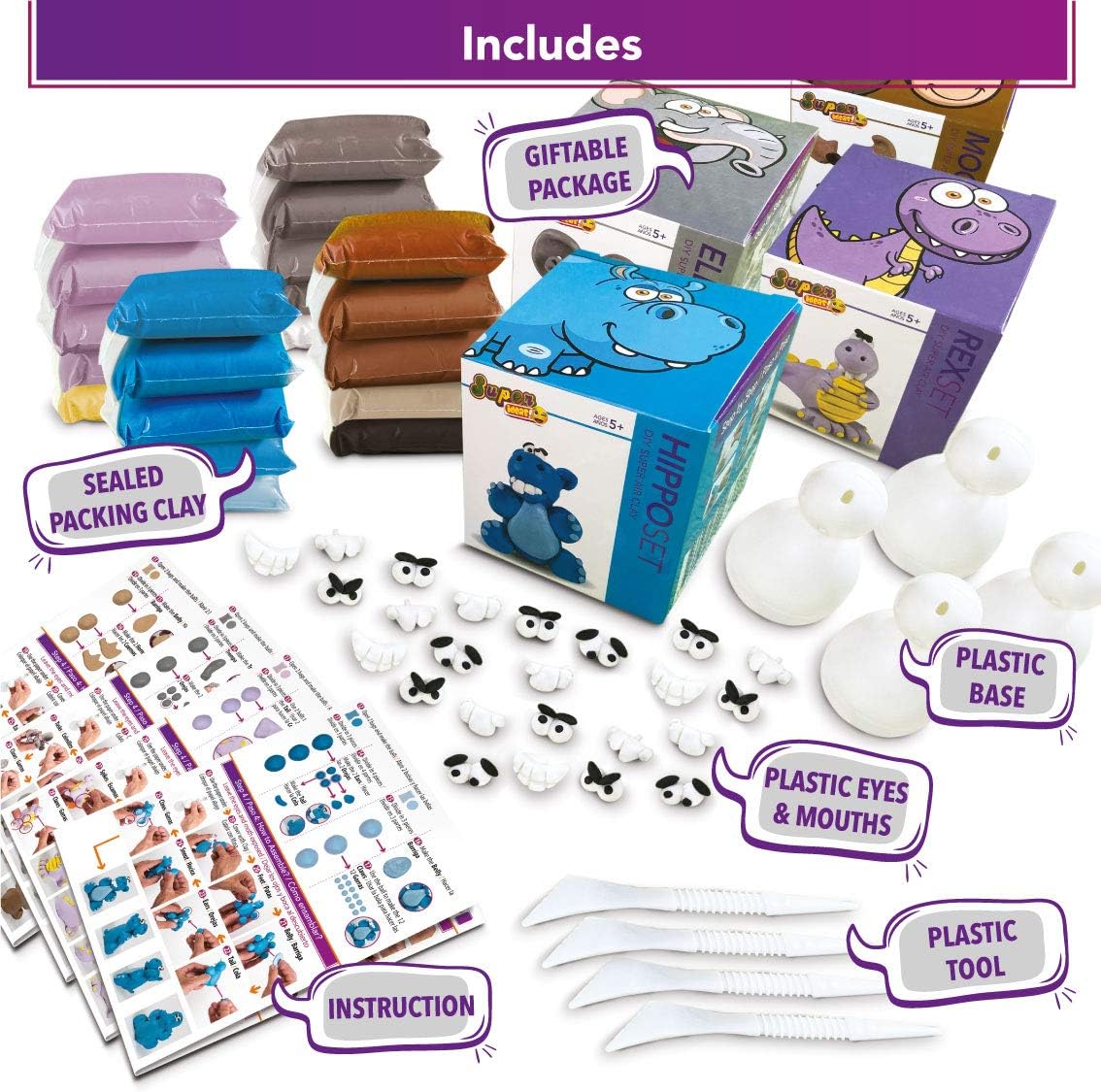 SUPER IDEAS Air Dry Clay Set – Soft Molding Clay for Kids & Teens, Easy to Assemble Toy, No Mess No Oven, Easy Sculpting Kit with Instructions - Plastic Base, Eyes and Mouths (Wild Friends Sets) : Toys & Games